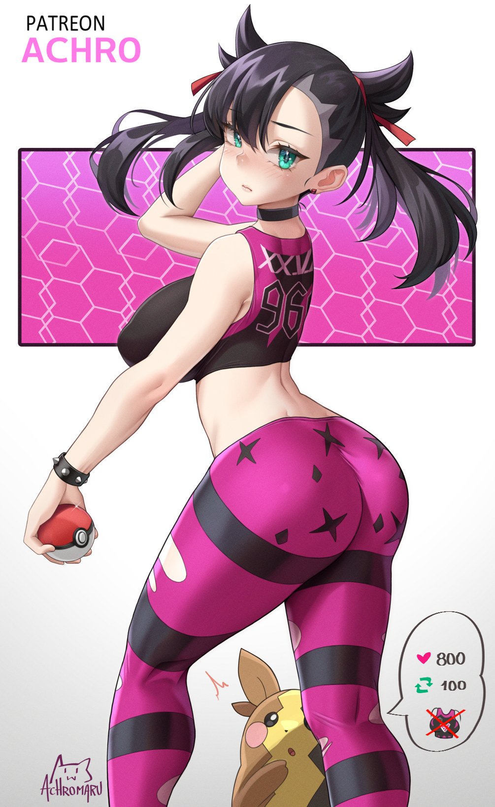 1girls achromaru aged_up ass black_hair breasts dat_ass female game_freak green_eyes large_breasts light-skinned_female light_skin long_hair marnie_(pokemon) morpeko nintendo pokémon_(species) pokemon pokemon_ss strip_game thick_thighs twintails