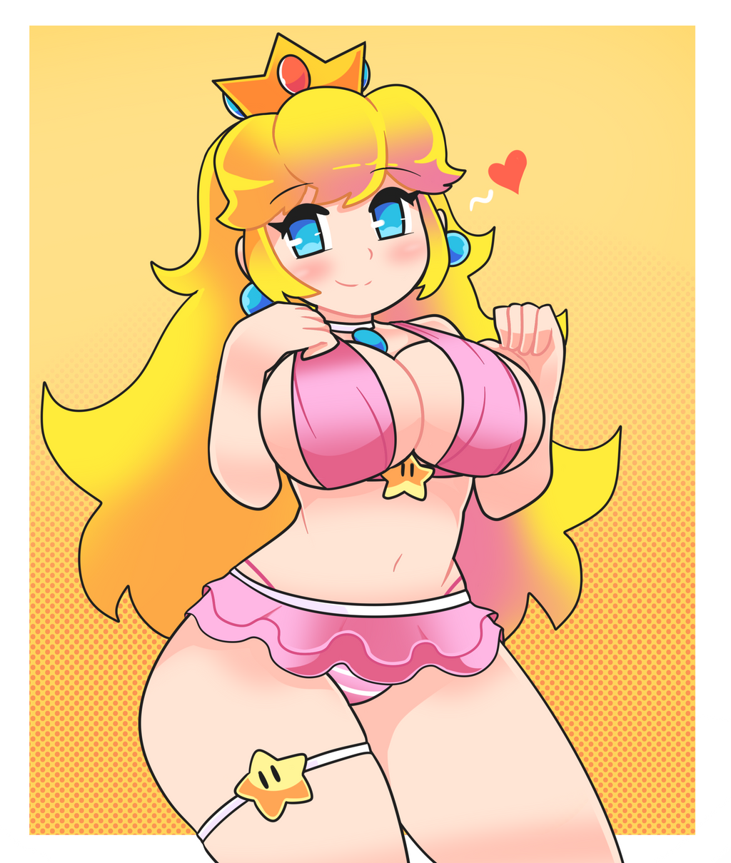 big_breasts blonde_hair blue_eyes breasts crown female female_only heart light-skinned_female light_skin looking_at_viewer mario_(series) nintendo onigiri_punch princess_peach smile solo thick_thighs thigh_strap