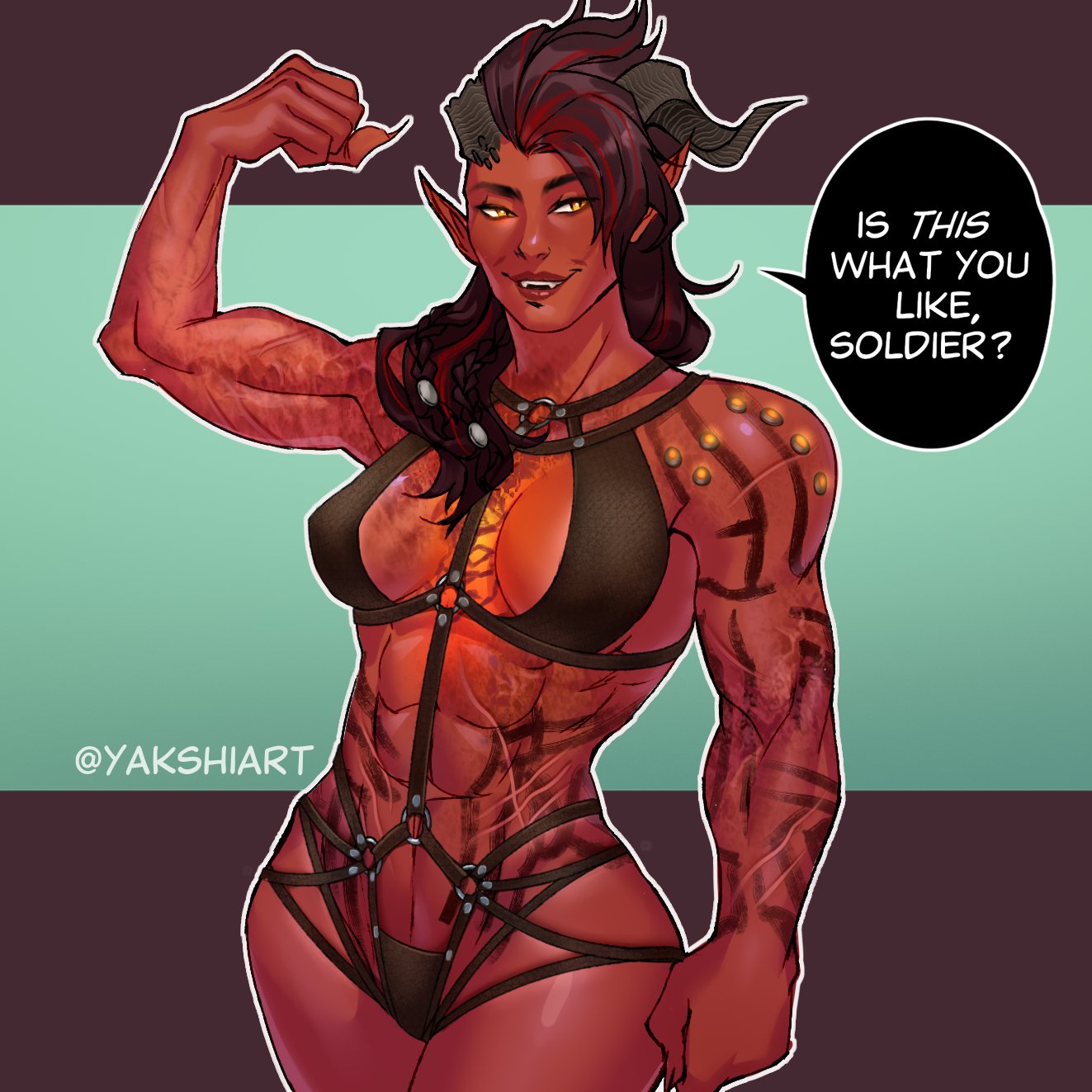 1girls, abs, athletic, athletic female, baldur's gate, baldur's gate 3, big breasts, breasts, dialogue, dungeons and dragons, female, female only, forgotten realms, horns, karlach, muscular, muscular female, red skin, solo, solo female, tiefling, yakshi