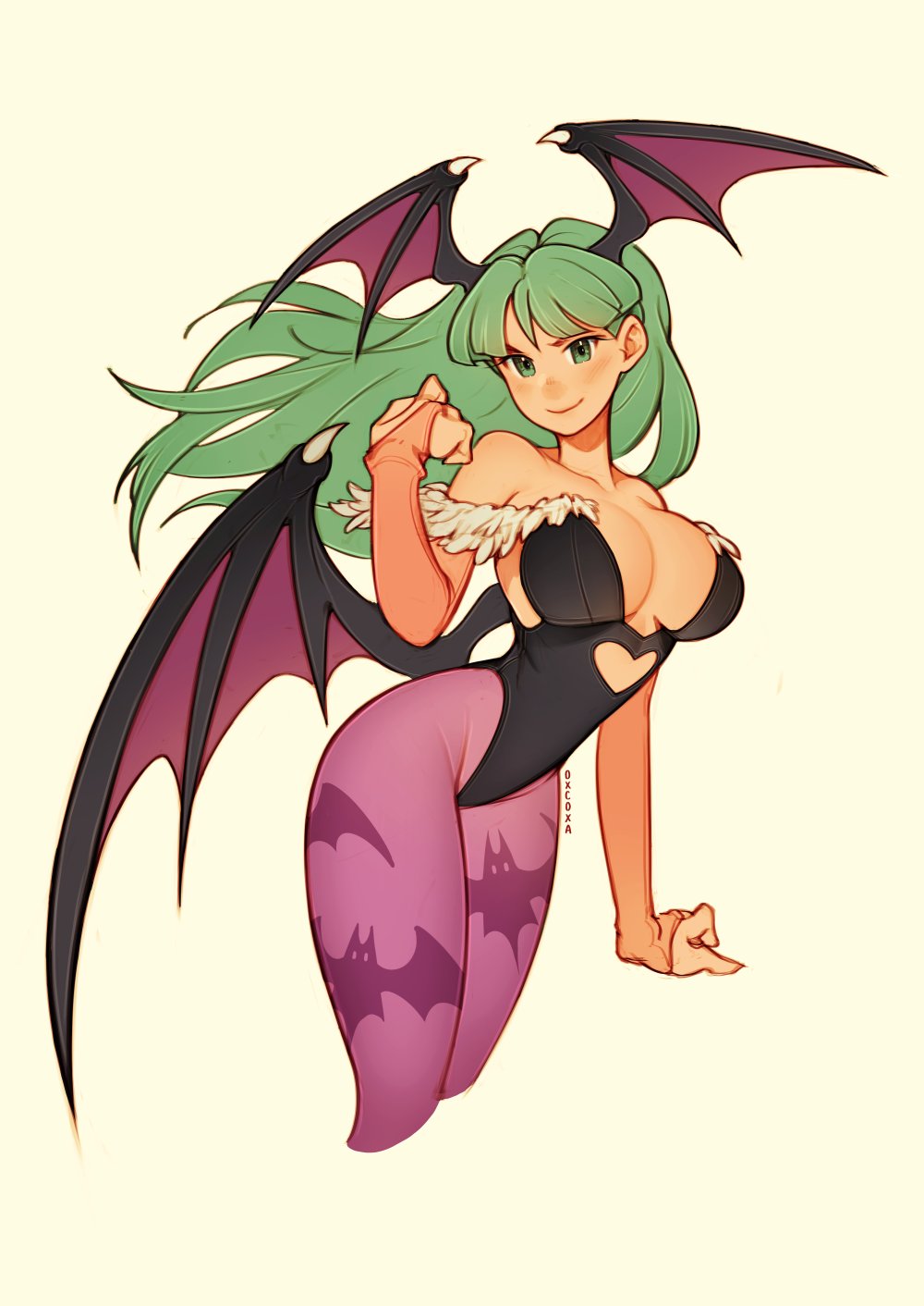 artist_name bat_wings black_leotard breasts clothing darkstalkers demon_wings female female_only green_eyes green_hair light-skinned_female long_hair looking_at_viewer medium_breasts morrigan_aensland oxcoxa purple_clothing purple_pantyhose solo succubus twitter_link