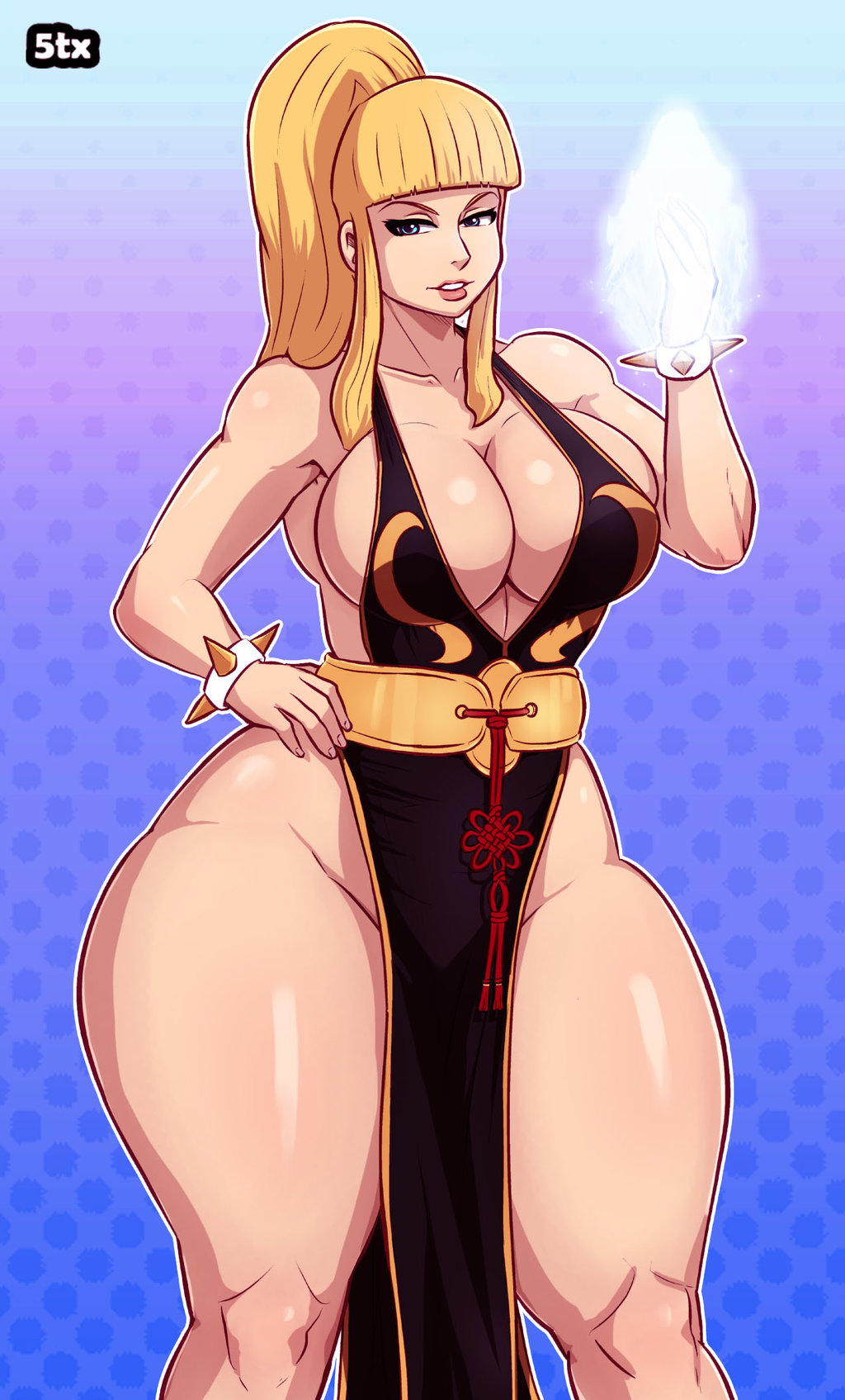 1girls 5tarex bimbo blonde_hair blue_eyes breasts busty chun-li_(cosplay) cleavage cosplay hourglass_figure kolin no_bra no_panties ponytail smile spiked_bracelet street_fighter street_fighter_v thick_legs thick_thighs thunder_thighs voluptuous