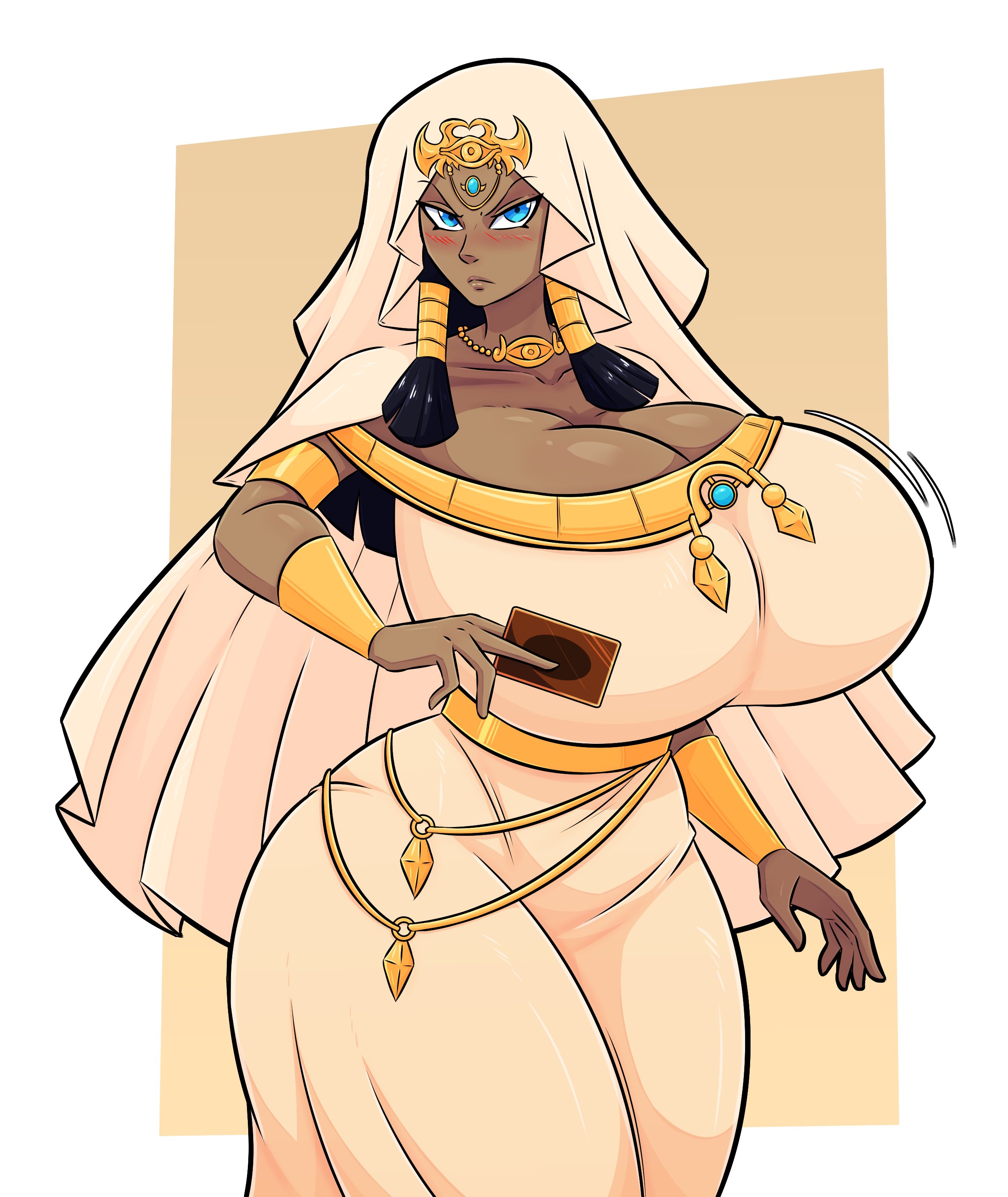 1girls, big breasts, blue eyes, breasts, breasts bigger than head, card, cleavage, dark hair, dark skin, dark-skinned female, female, huge breasts, hyper, hyper breasts, isis ishtar, solo female, tourin17, yu-gi-oh!, yu-gi-oh! duel monsters
