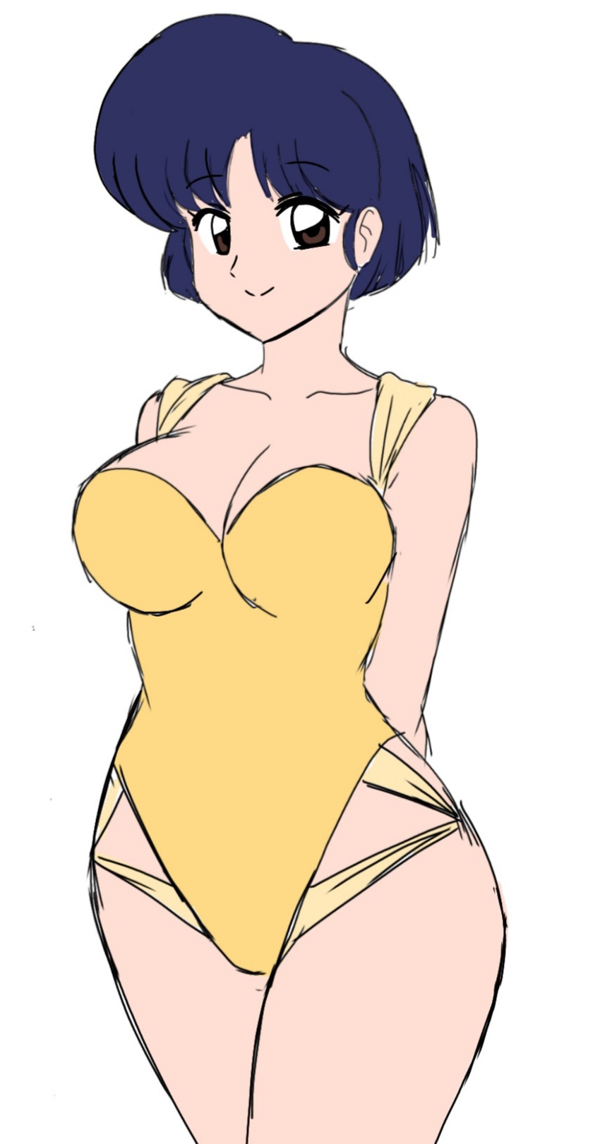 akane_tendo big_breasts blue_hair breasts brown_eyes momiji_(artist) one-piece_swimsuit ranma_1/2 short_hair small_breasts smile smiling smiling_at_viewer swimsuit yellow_swimsuit