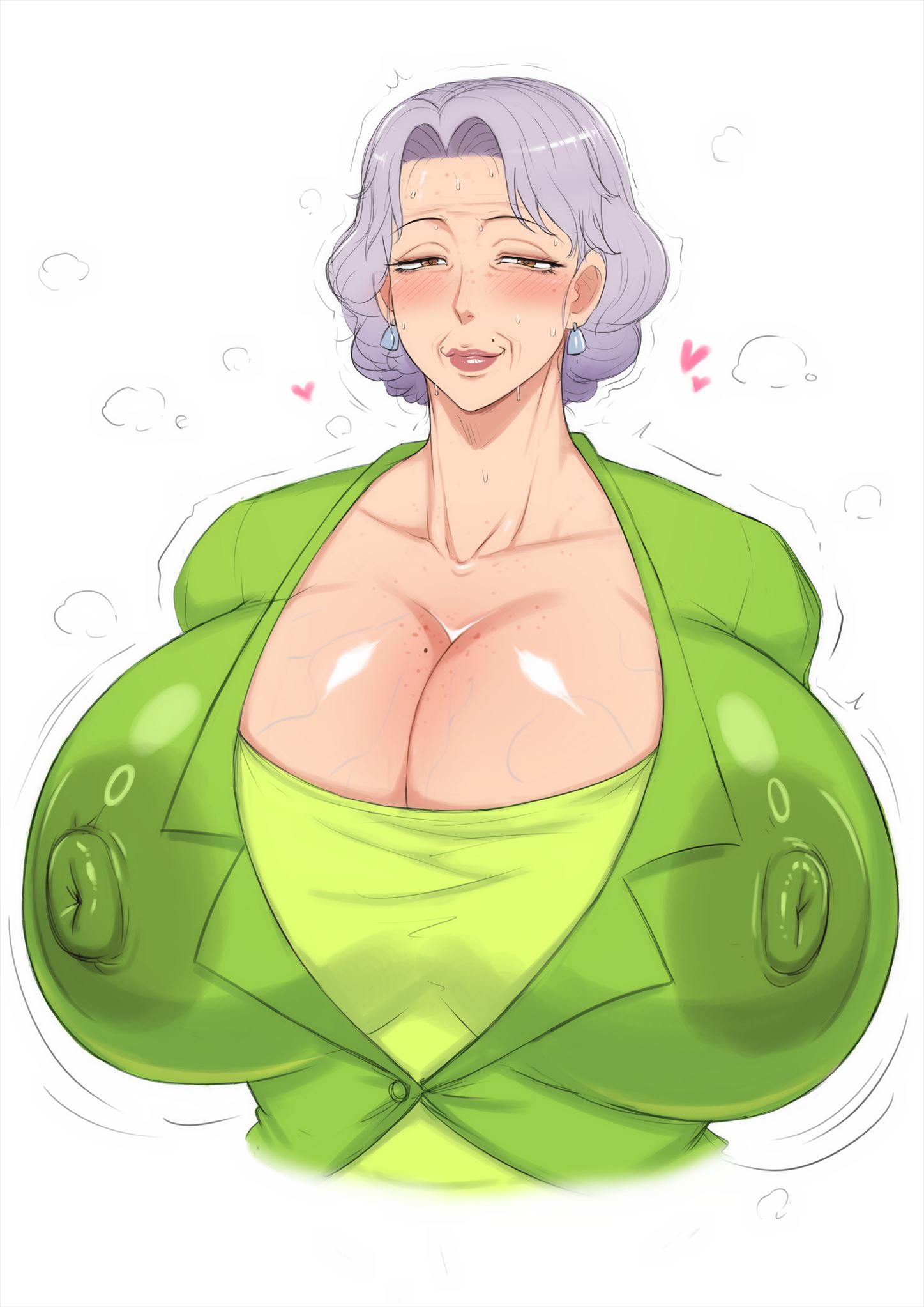 alternate version available, areolae visible through clothing, big breasts, breasts, cleavage, female, gilf, grey hair, huge breasts, large breasts, massive breasts, mature female, milf, mitsuko inoue (zxcv), nipple bulge, nipples, older female, solo, zxcv