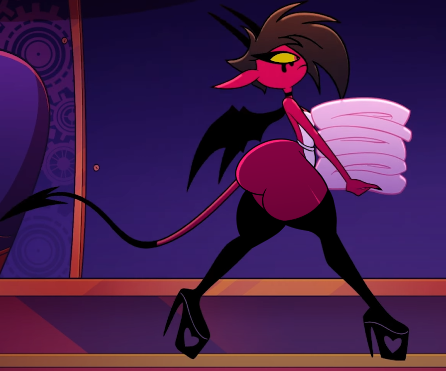 1girls, 2020s, 2023, apron, arielle somerville (helluva boss), ass, background character, big ass, big butt, bottom heavy, breasts, demon, demon horns, demon tail, demon wings, edit, female, flat chest, flat chested, helluva boss, huge ass, huge butt, huge thighs, mrmelted, raphielle (helluva boss), small breasts, solo, succubus, succubus horns, succubus tail, succubus wings, tagme, vivienne medrano, vivziepop