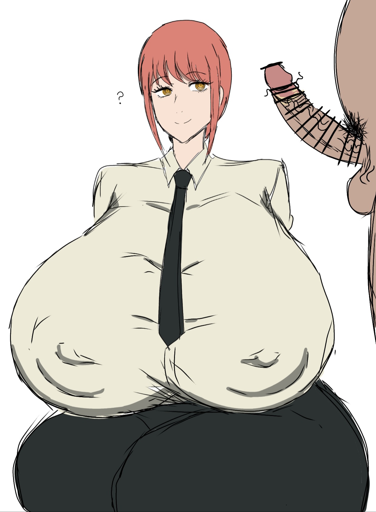 big breasts, big penis, breasts, chainsaw man, female, huge breasts, large breasts, makima (chainsaw man), male, massive breasts, momiji (artist), nipple bulge, orange hair, penis, red hair, straight