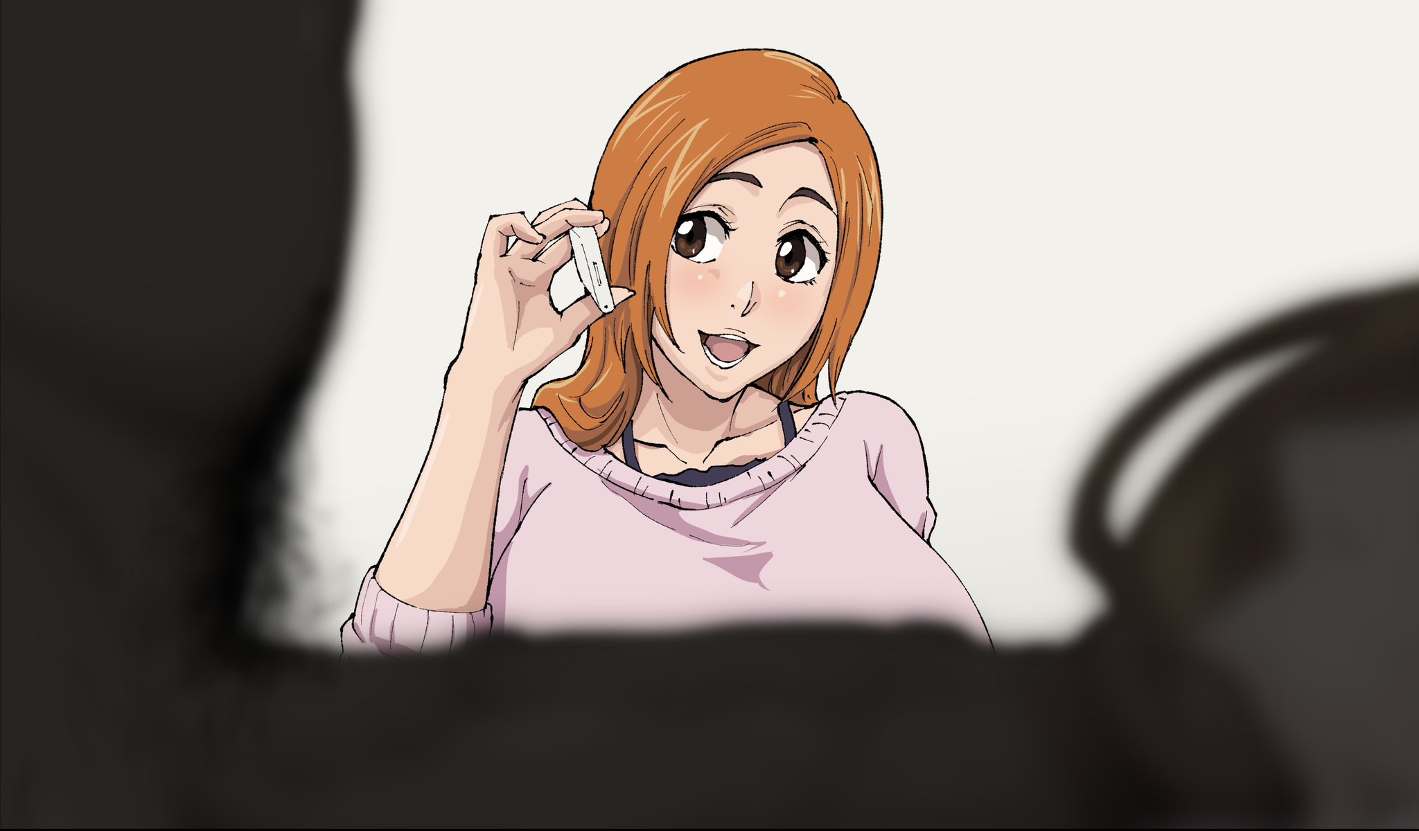 1boy, 1girls, before and after, big breasts, big penis, bimbo, bleach, blowjob, blurry foreground, breasts, cellphone, cheating, cheating wife, cuckold, dark skin, dark-skinned male, faceless male, fellatio, female, female focus, holding object, huge breasts, inoue orihime, iwao178, large penis, light skin, light-skinned female, male, mature, mature female, milf, netorare, no artist signature, ntr, oral, orange hair, penis, penis in mouth, pubic hair, sucking, sucking penis, sweater, talking on phone, voluptuous
