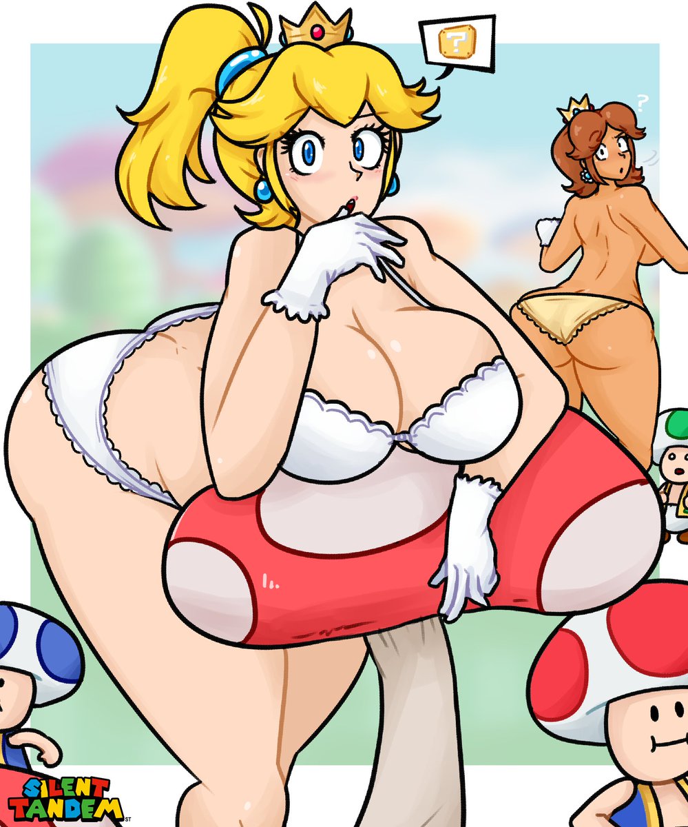 2girls 3boys ass ass_focus big_ass big_breasts big_butt blonde_hair blue_eyes bottom_heavy brown_hair dat_ass female female_focus large_ass large_breasts male mario_(series) multiple_boys mushroom nintendo outdoors princess_daisy princess_peach silenttandem solo_focus super_mario_bros.