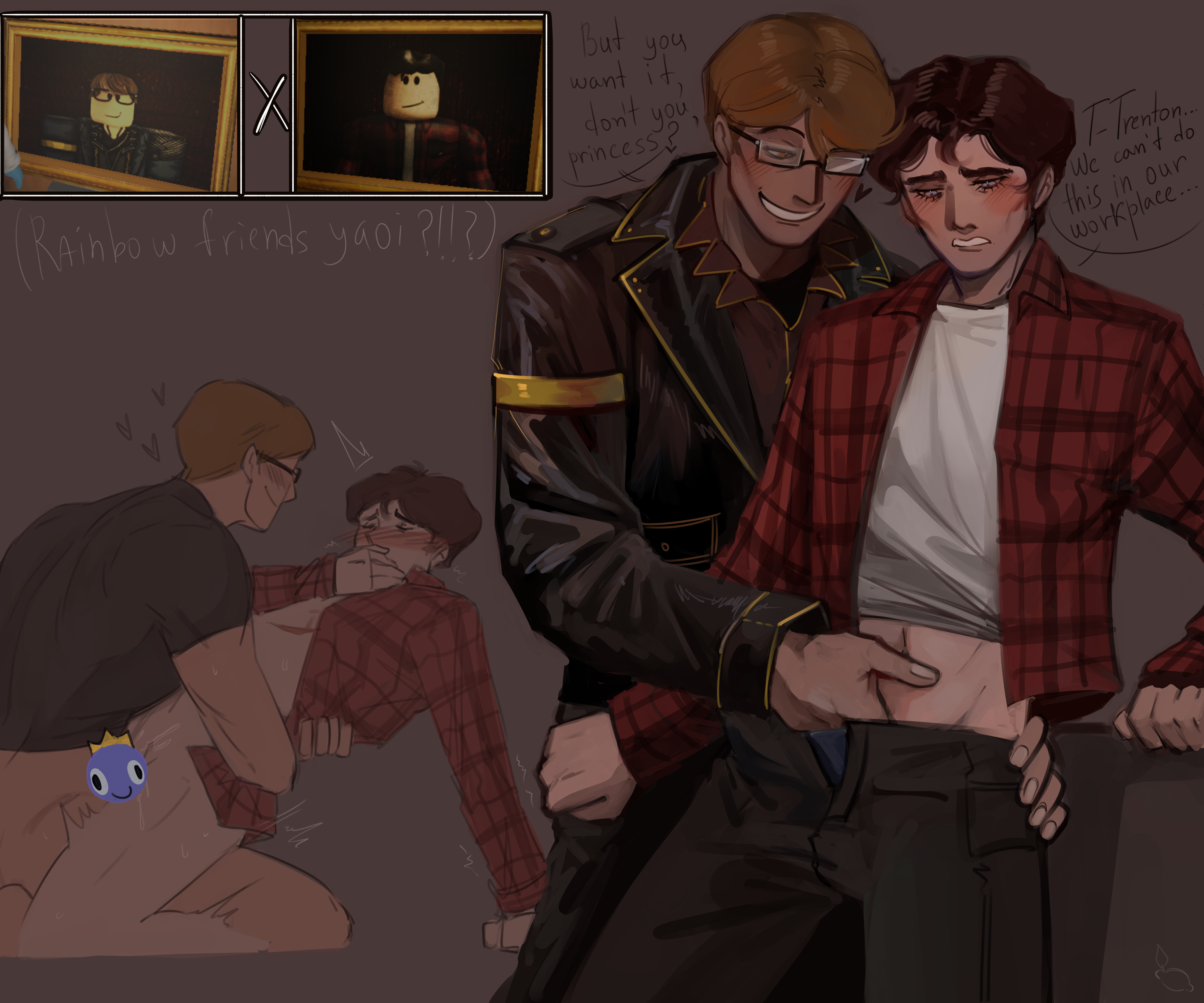2boys, blush, censored, clothing, cuntboy, cuntboy on male, cuntboy penetrated, cuntboy/male, dialogue, english text, gay, gay sex, glasses, intersex, lemonlemonnya, male, male on cuntboy, male only, male penetrating, male penetrating male, male/male, oswald d davis, rainbow friends, reference image, roblox, roblox game, robloxian, source request, tagme, text, trenton, yaoi