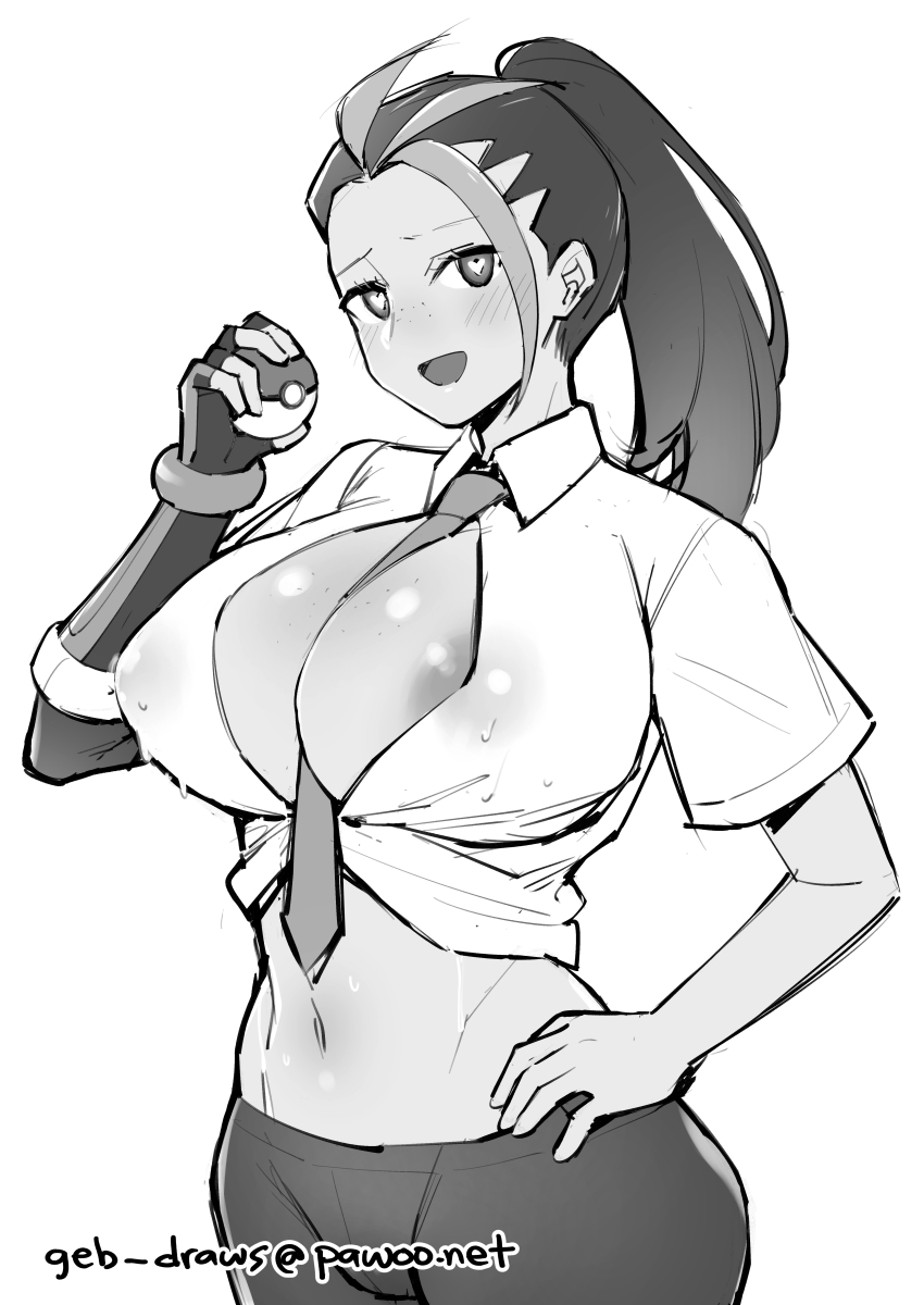 1girls bare_midriff breasts cleavage elbow_gloves female female_only fingerless_gloves freckles ge-b gebyy-terar greyscale happy heart-shaped_pupils huge_breasts looking_at_viewer looking_back medium_hair midriff monochrome more_at_source multicolored_hair necktie nemona_(pokemon) nintendo open_mouth pants pokeball pokemon pokemon_sv ponytail revealing_clothes single_glove smile solo sweat tie