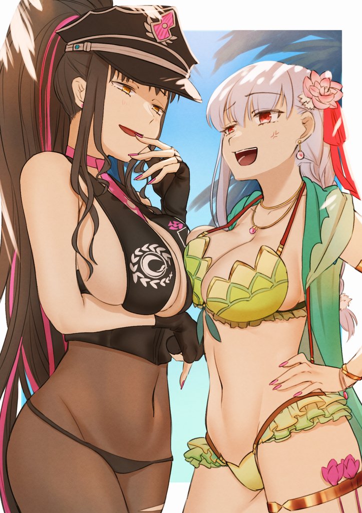 2girls anger_vein asymmetrical_docking bikini black_bikini black_hair bodystocking braid breast_press breasts earrings fate/grand_order fate_(series) fingernails flower green_bikini grey_hair hair_flower hair_ornament hand_on_own_hip hat hiyayaako jewelry kama_(fate) kama_(swimsuit_avenger)_(fate) large_breasts long_hair multiple_girls navel pendant pink_nails police_hat ponytail sessyoin_kiara sessyoin_kiara_(swimsuit_mooncancer) sessyoin_kiara_(swimsuit_mooncancer)_(second_ascension) swimsuit