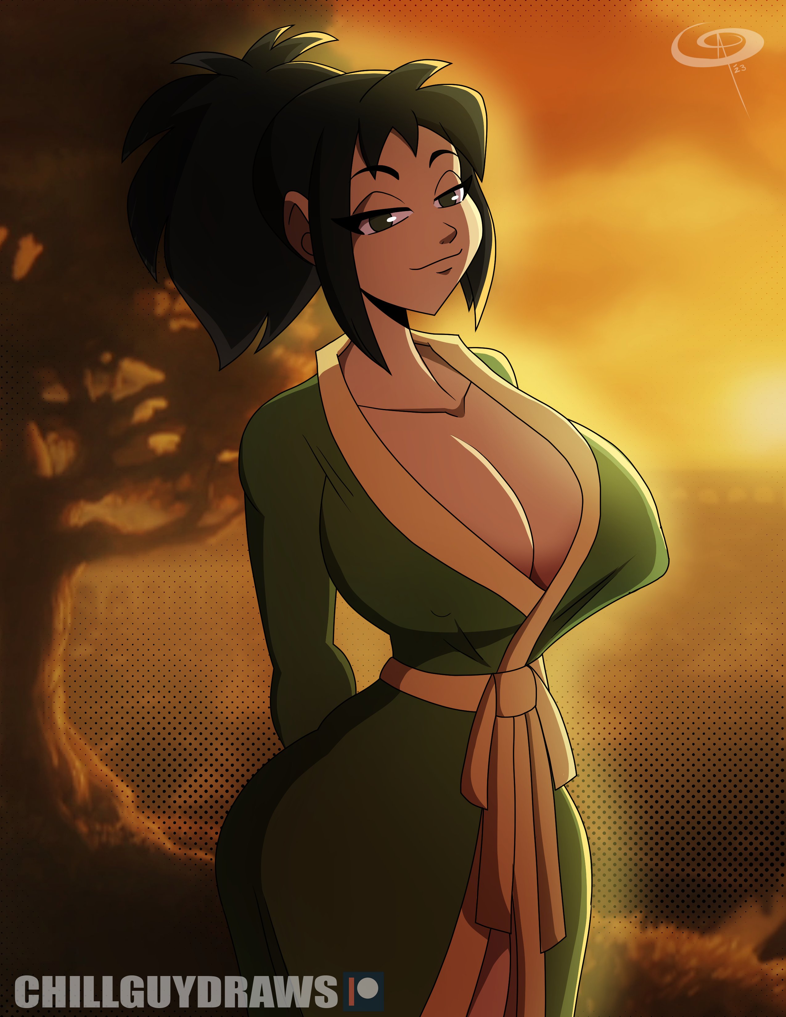 1girls, 2020s, 2023, 2d, alternate version available, arms behind back, avatar legends, avatar the last airbender, big breasts, black hair, breasts, busty, chinese clothes, cleavage, clothed, clothed female, earth kingdom, female, female only, frostbiteboi, jin (avatar), kimono, large breasts, legs, looking at viewer, nickelodeon, seductive, seductive smile, sensual, smile, smiling, smiling at viewer, solo, sunset, thighs, voluptuous