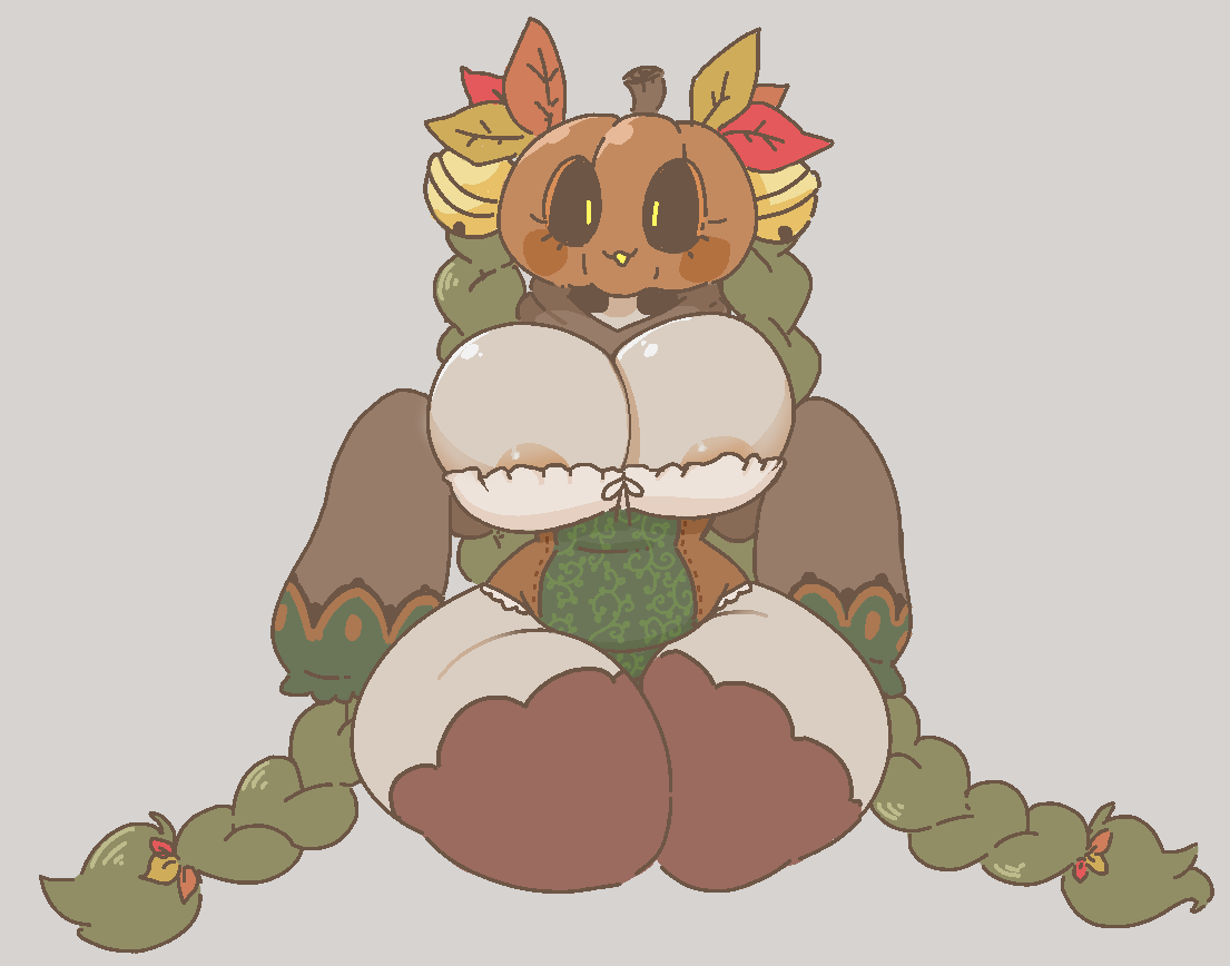 amelie_(jinx_doodle) areola_slip big_breasts breasts corset female jingle_bell jinx_doodle leaves_in_hair pumpkin pumpkin_head stockings thick_thighs twin_braids very_long_hair wide_hips