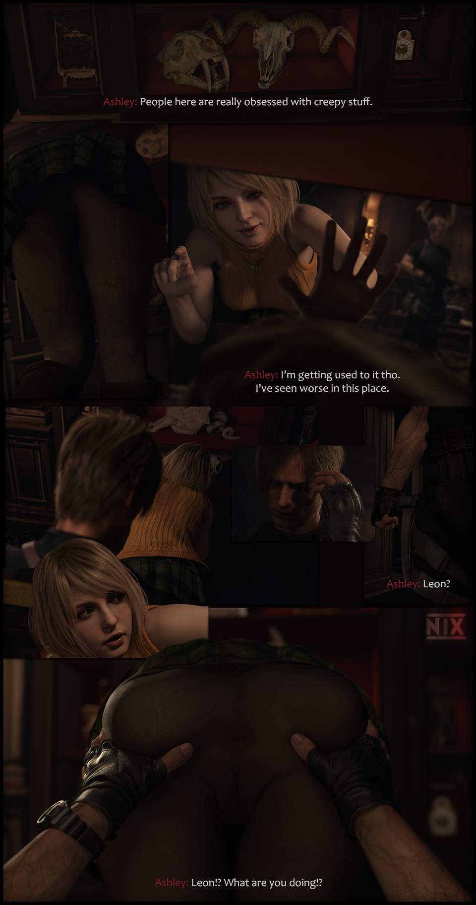 1boy 1girls 3d anus ashley_graham ashley_graham_(ella_freya) ass ass_grab asshole blonde_hair comic comic_page dialogue english_text female leon_scott_kennedy male nixee3d pantyhose pussy resident_evil resident_evil_4 resident_evil_4_remake see-through see-through_clothing short_hair skirt skirt_lift skirt_up spread_anus spread_ass spread_butt spreading text through_clothes through_clothing