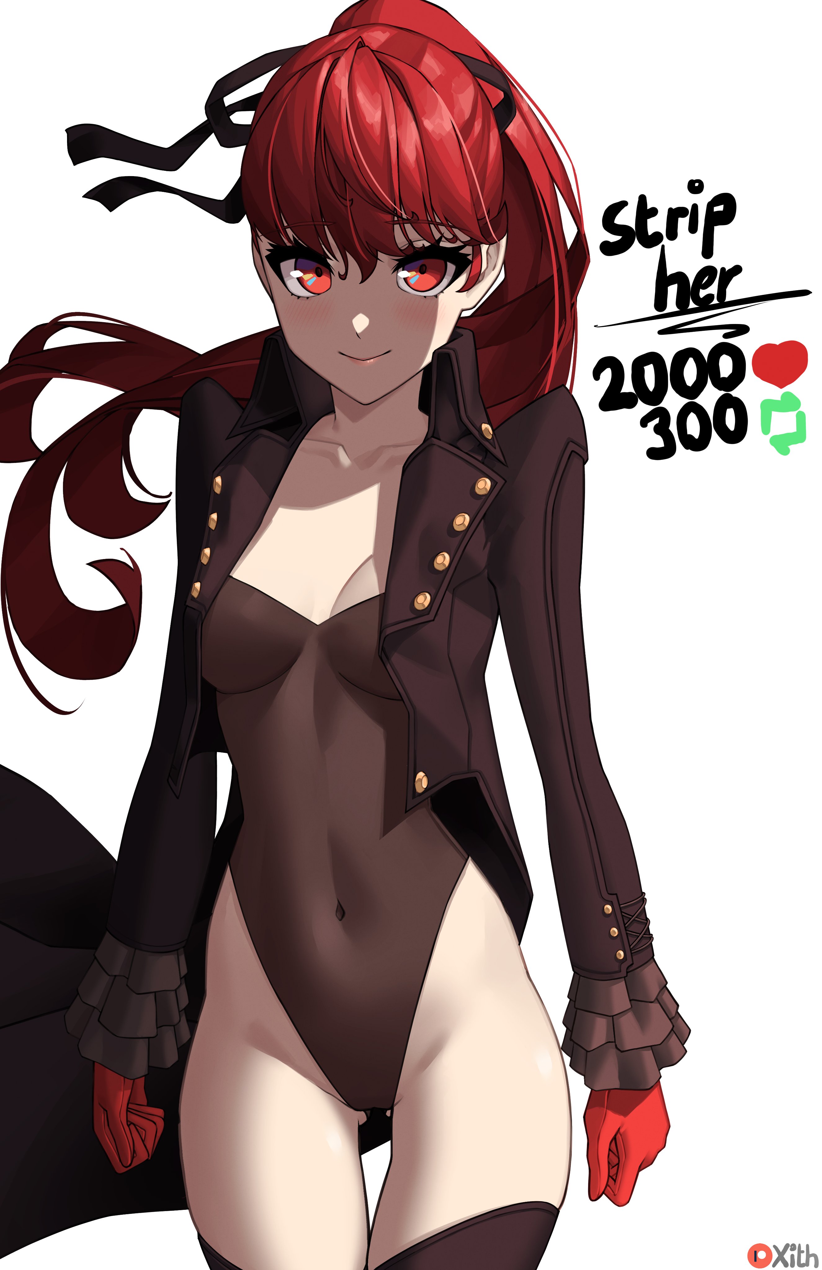 1girls, atlus, breasts, bunnysuit, cleavage, clothing, female, female only, human, kasumi yoshizawa, leotard, light skin, light-skinned female, pale skin, persona, persona 5, persona 5 royal, phantom thief suit, red eyes, red hair, solo, solo female, strip game, sumire yoshizawa, tagme, white background, x xith x