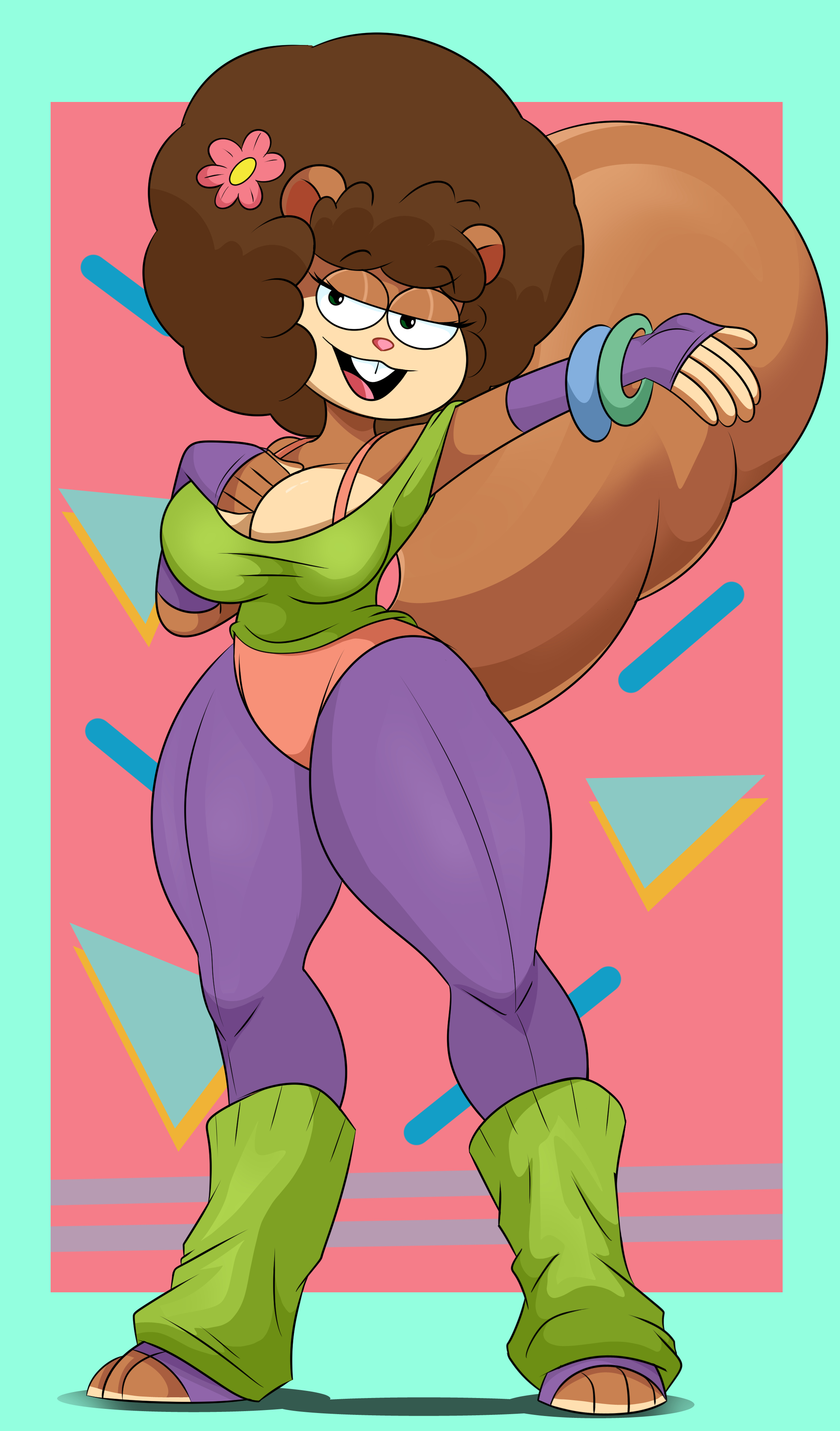 80's theme, afro, big breasts, breasts, female, flower, fully clothed, nickelodeon, sandy cheeks, sonson-sensei, spongebob squarepants, squirrel, thick thighs, tight clothing