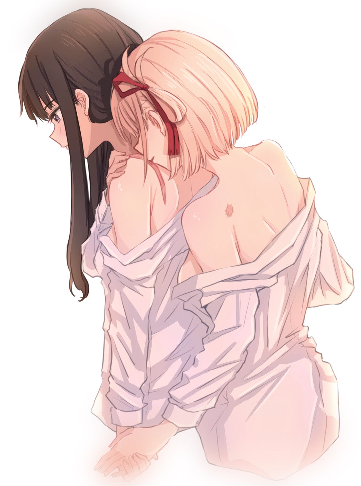 2girls bare_shoulders black_hair blonde_hair blush bob_cut breasts closed_mouth clothed clothing commentary_request cropped_torso dress_shirt female female_only from_behind futaba_(rei-futaba) hair_ribbon hand_on_own_shoulder highres holding_hands hug hug_from_behind human inoue_takina light-skinned_female light_skin long_hair long_sleeves lycoris_recoil medium_breasts mostly_clothed multiple_girls nishikigi_chisato off_shoulder one_side_up parted_lips partially_undressed puffy_sleeves purple_eyes red_ribbon ribbon scar scar_on_back scar_on_shoulders shirt short_hair sideboob sidelocks simple_background undressing white_background white_shirt yuri