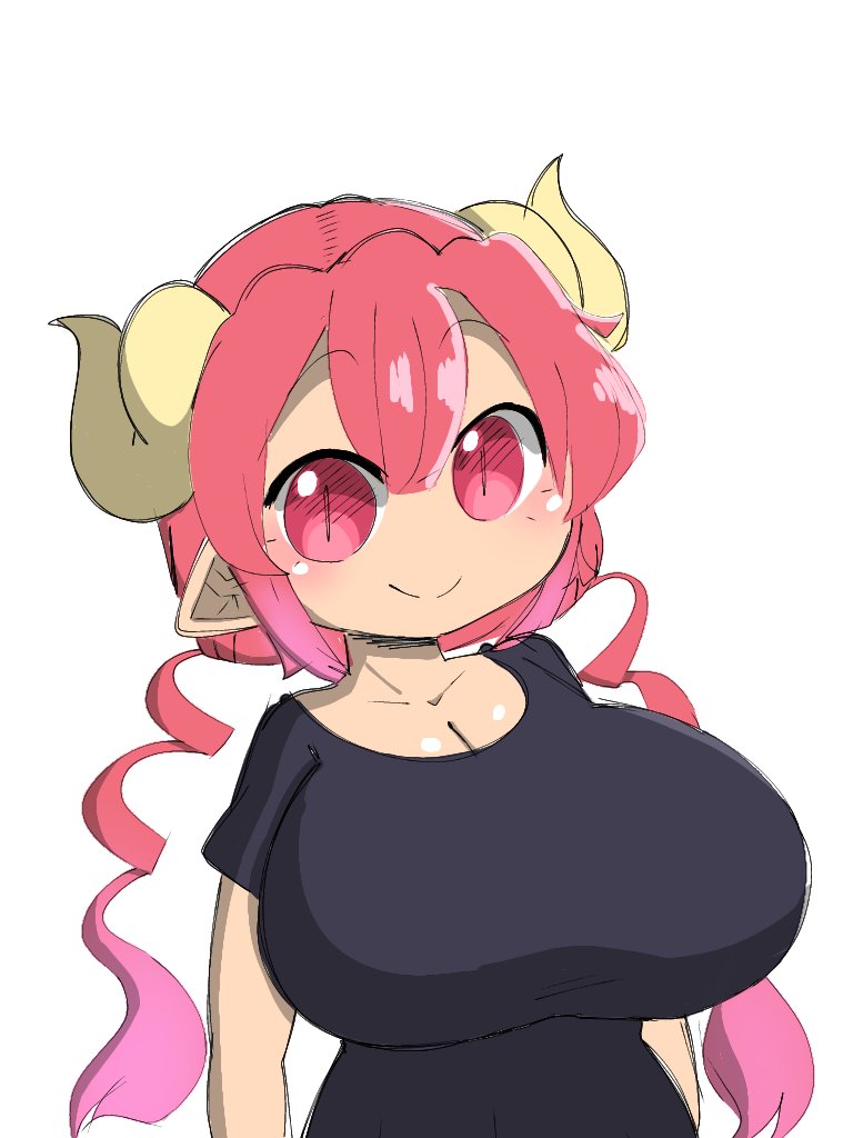 big_breasts black_skirt cute giant_breasts horns huge_breasts ilulu_(dragon_maid) miss_kobayashi's_dragon_maid mochikirb red_hair twintails white_background