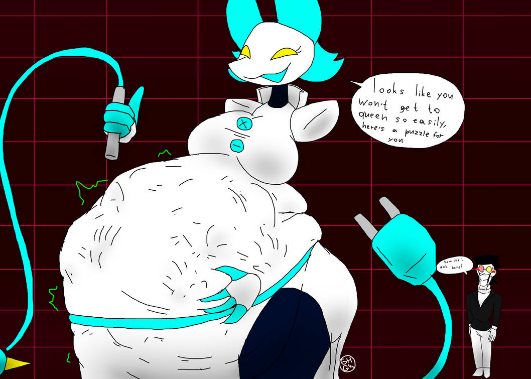 big belly, big breasts, breasts, deltarune, female, female focus, ghg121, spamton g spamton, tasque manager (deltarune), vore
