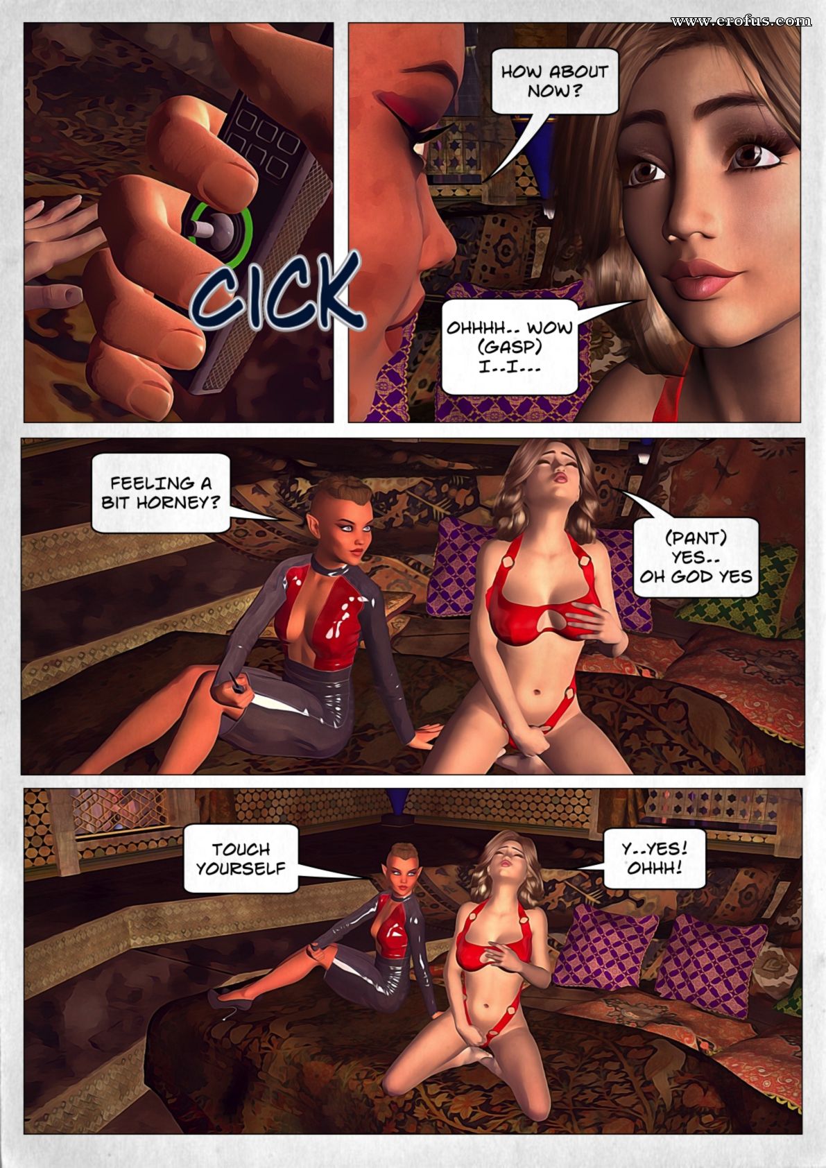 2girls alien alien_girl arousal aroused boob_window brown_hair comic elf_ears english_text female_only gonzo_(artist) human inner_sideboob masturbation multiple_girls on_knees page_31 sitting_on_bed speech_bubble