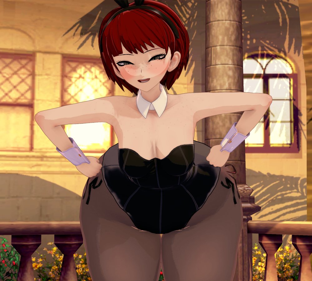 3d big_ass blush breasts bunny_ears bunnysuit danganronpa danganronpa_2:_goodbye_despair ebookie_meowda eyes_half_open female_only freckles grey_eyes hands_on_hip koikatsu koizumi_mahiru leggings looking_at_viewer open_smile outside red_hair waitress