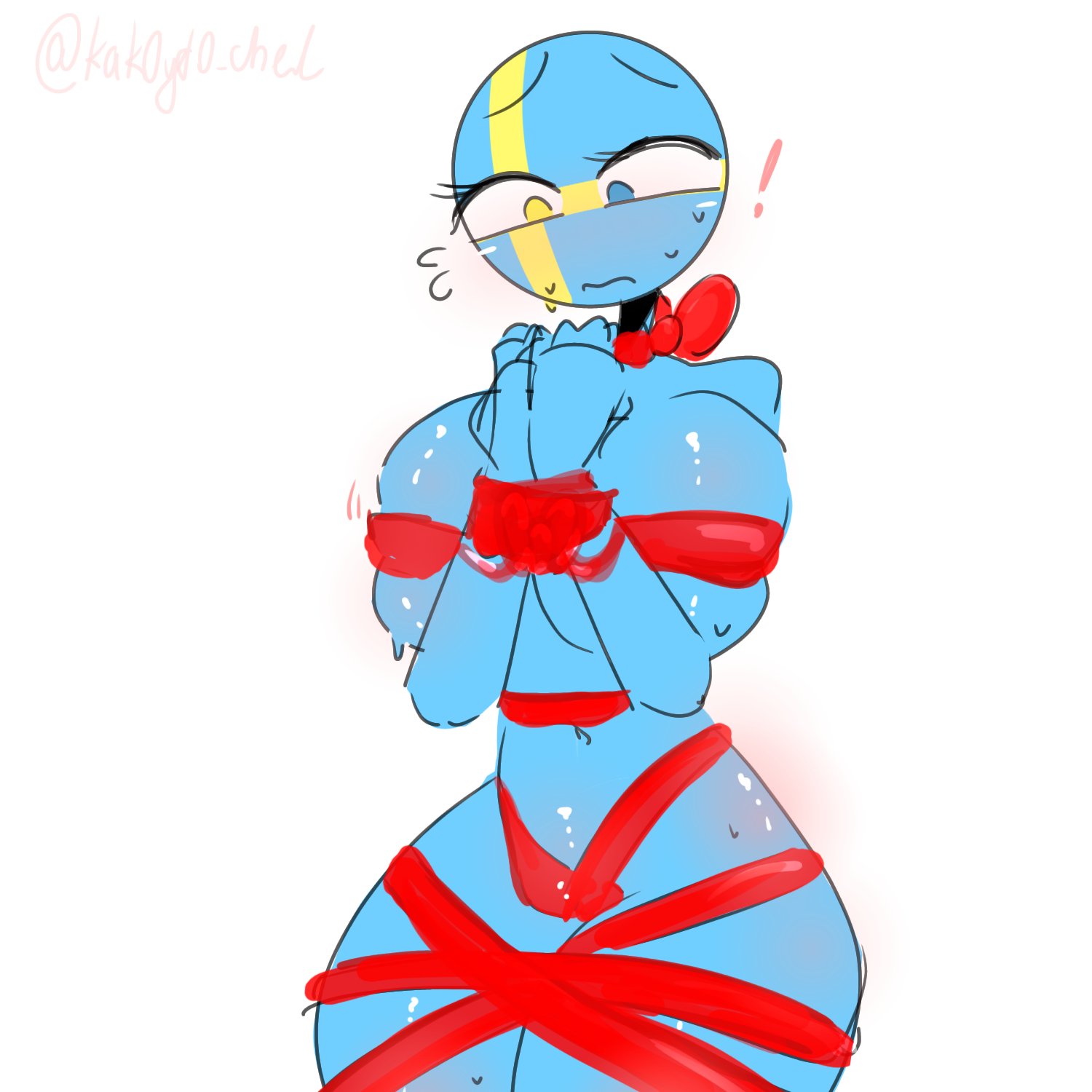 !, 1girls, bondage, countryhumans, countryhumans girl, female, kak0yt0 chel, ribbon, sweat, sweden (countryhumans)