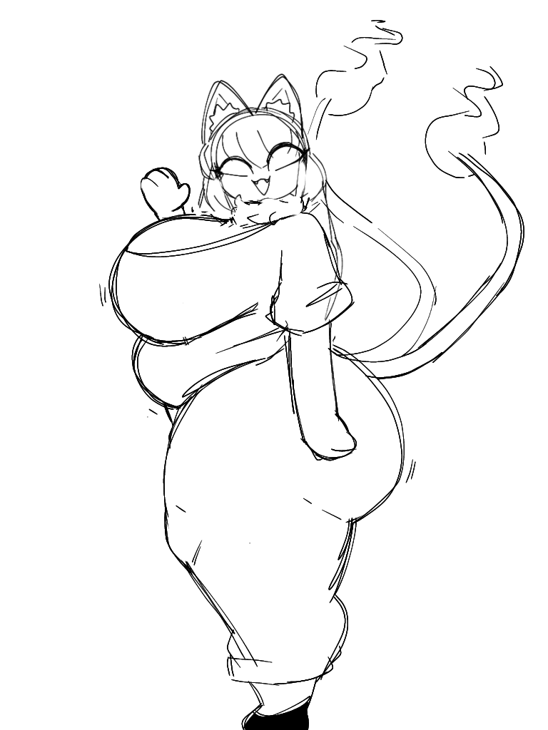 2_tails big_ass big_breasts cat_ears catgirl chubby huge_ass huge_breasts mochikirb multi_tail sketch thick_thighs thunder_thighs