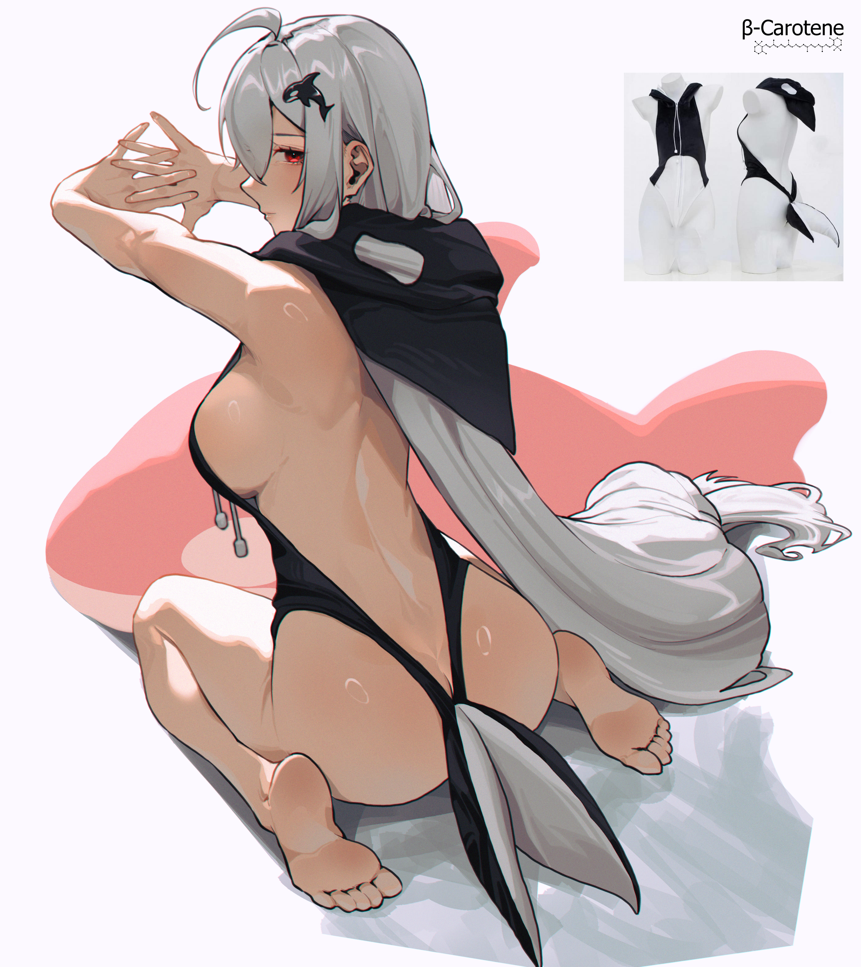 1girls, ahoge, arknights, ass, back, bare back, barefoot, big breasts, blush, breasts, fake tail, feet, female, female only, hair between eyes, hairclip, kneeling, light skin, light-skinned female, long hair, looking at viewer, looking back, looking back at viewer, lufi ays, nose, orca, red eyes, revealing clothes, shiny skin, sideboob, skadi (arknights), solo, stretching, swimsuit, tagme, very long hair, white background, white hair