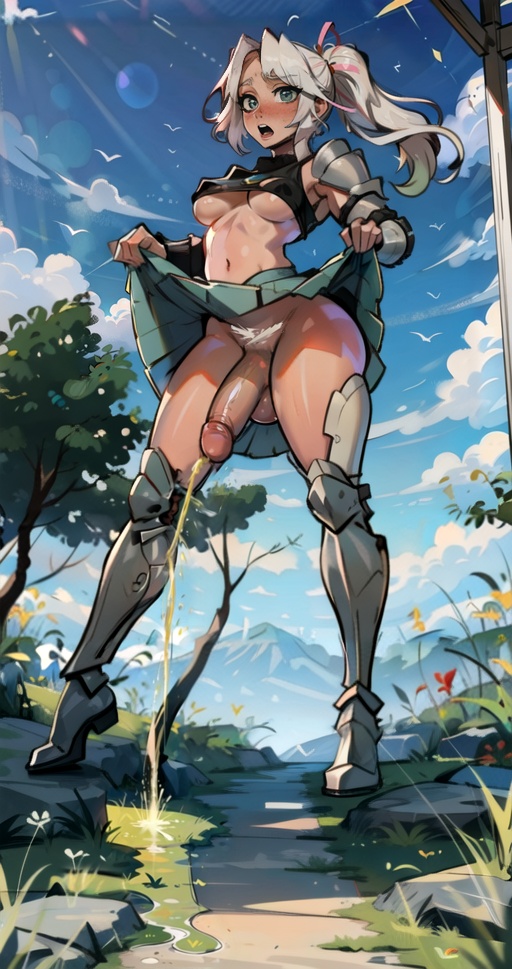 1girls ai_coomer ai_generated armor armored_boots balls big_penis blue blush boots breasts caught caught_off_guard caught_peeing clothes_lift cloud clouds day daytime embarrassed erect_nipples_under_clothes female flaccid frown futanari grass hair_ornament large_penis lifted_by_self light-skinned_futanari looking_at_viewer medium_breasts navel no_panties open_mouth outdoors outside pee_puddle peeing penis pink_ribbon pubic_hair ribbon self_upload shocked silver_hair skirt skirt_hold skirt_lift sky solo stable_diffusion standing startled sun testicles thighhighs uncensored underboob urine white_hair