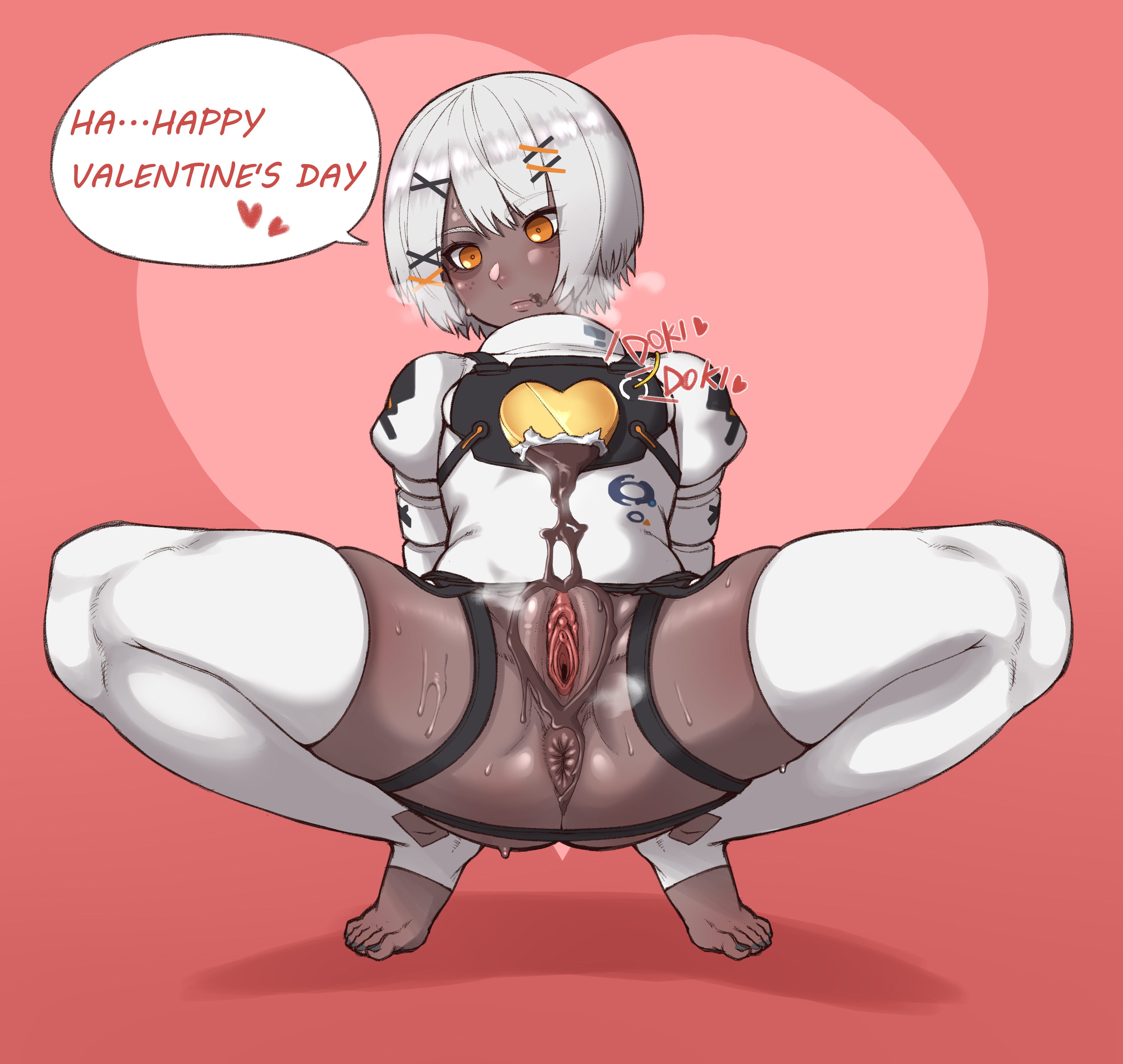 android, android girl, brown nipples, dark nipples, dark skin, dark-skinned female, ebonyxh, english text, female, grey hair, inviting, inviting to sex, pubic hair, punishing: gray raven, pussy, robot girl, robot humanoid, short hair, sophia (punishing: gray raven), spread legs, spread pussy, spreading, steamy pussy, thin waist, valentine's day, white hair, yellow eyes