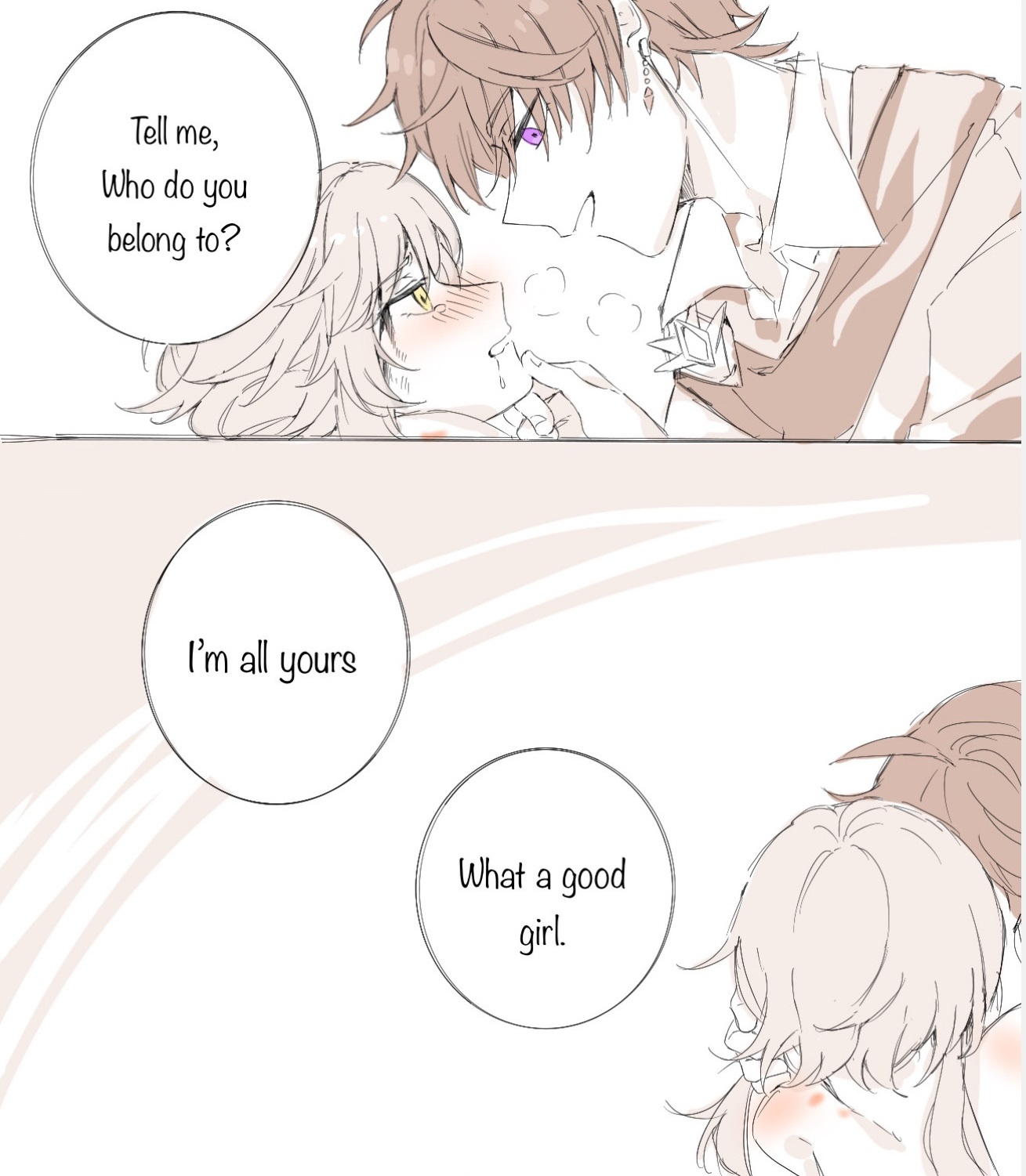 1boy, 1girls, blush lines, childe (genshin impact), dialogue, drool, english text, eye contact, fanon couple, female, genshin impact, hickey, hickey marks, holding chin, hoyoverse, implied sex, looking at partner, lumine (genshin impact), male, male/female, mihoyo, possessive, speech bubble, straight, tartaglia (genshin impact), visible breath, wholesome