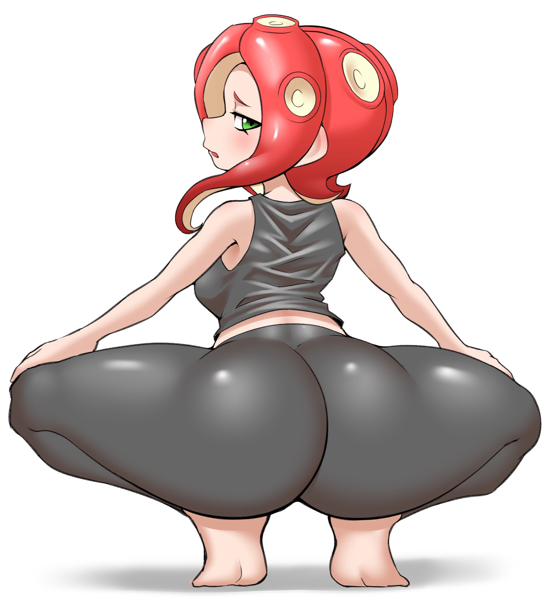 ass, big ass, bubble ass, bubble butt, exercise, female, light skin, light-skinned female, looking at viewer, looking back, nintendo, nobunagapero, octoling, octoling girl, peronattu, red hair, splatoon, splatoon (series), squatting, tagme, tentacle hair, yoga, yoga pants