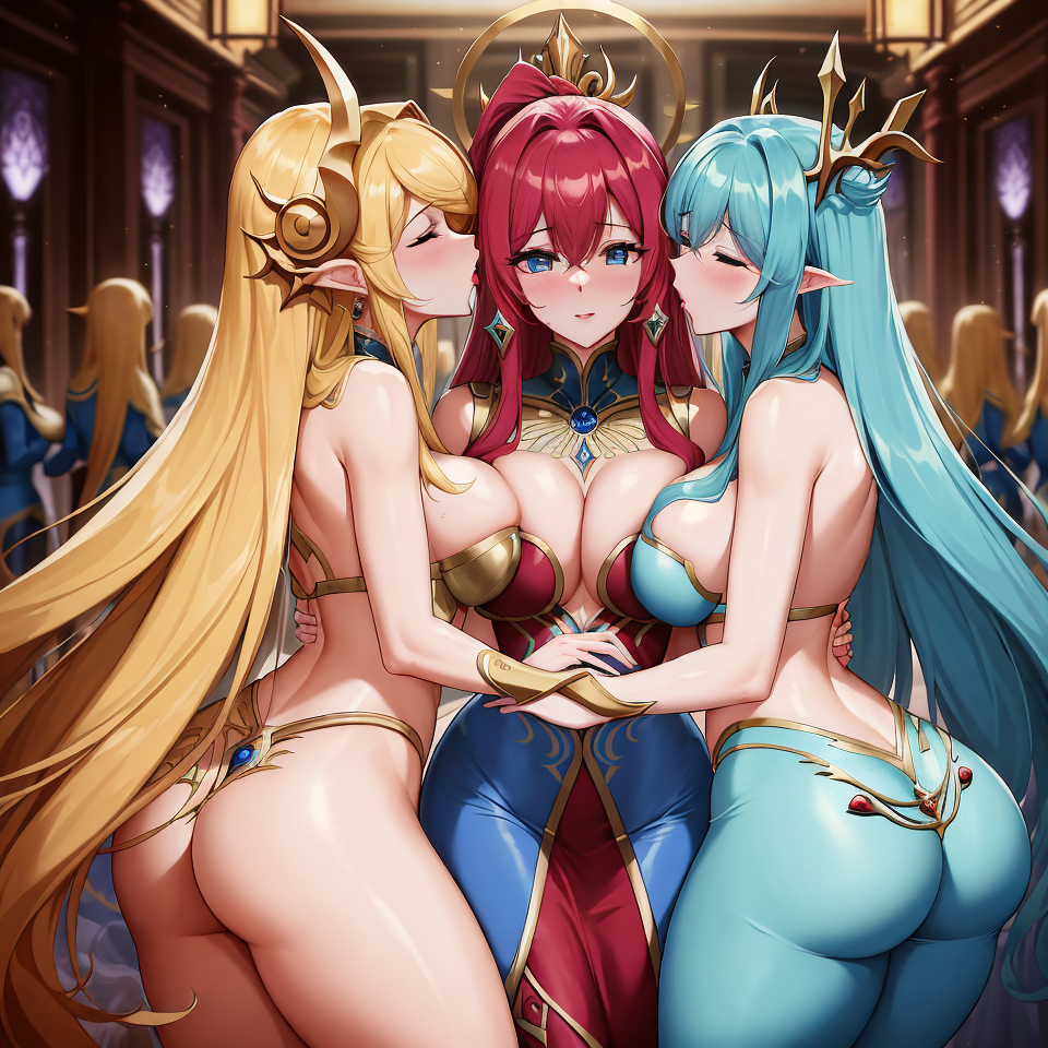 ai_generated blonde_hair blue_clothes blue_clothing blue_hair chaos_(warhammer) cult cultist cultists elf elves gold gold_(metal) gold_jewelry jewelry multiple_girls orgy red_hair tzeentch unstable_diffusion warhammer_(franchise) warhammer_fantasy