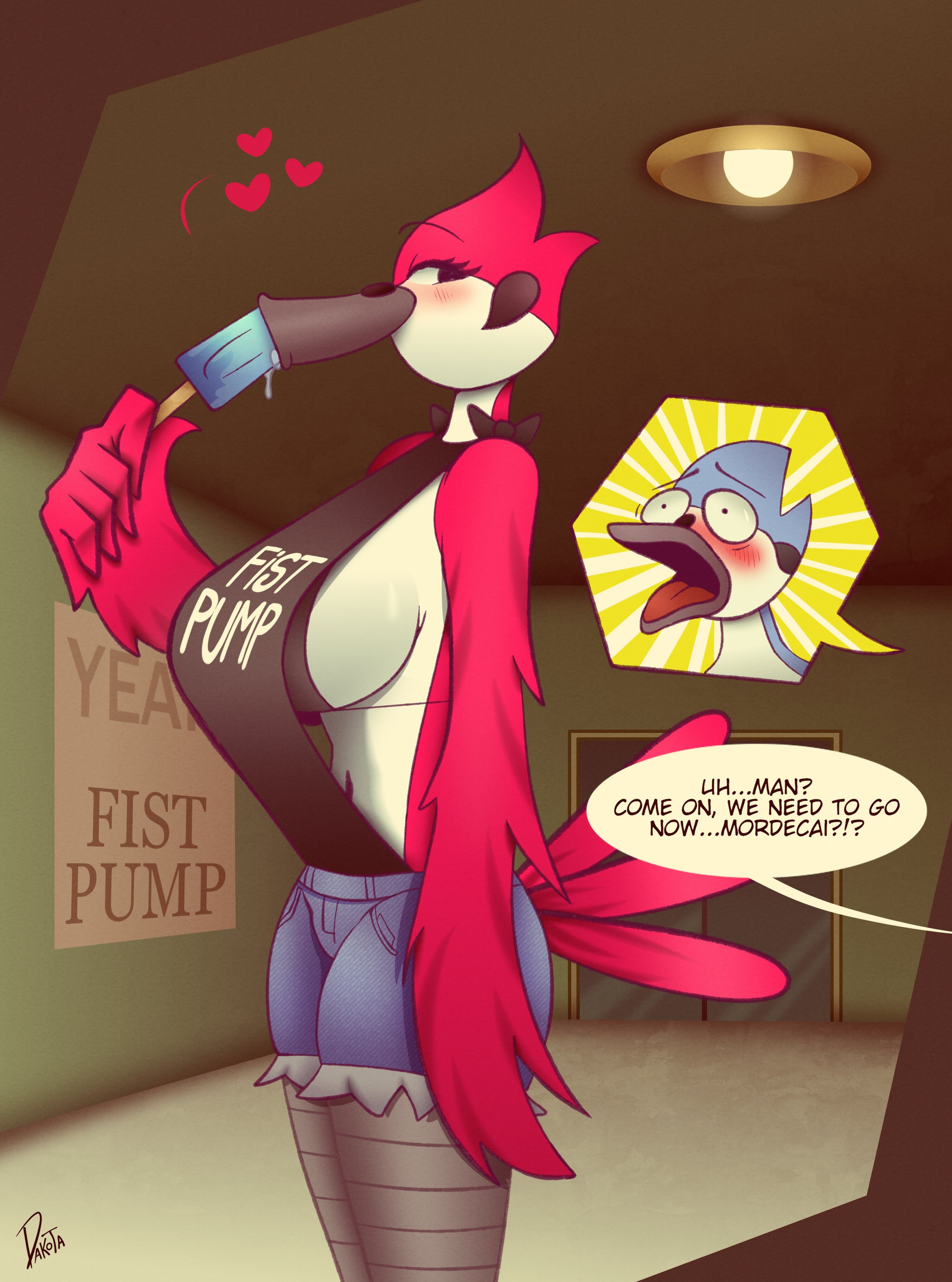 2023, anthro, avian, big breasts, blush, breasts, cartoon network, dakota018, female, indoors, male, male/female, margaret smith (regular show), mordecai (regular show), popsicle, popsicle in mouth, regular show, tagme, text