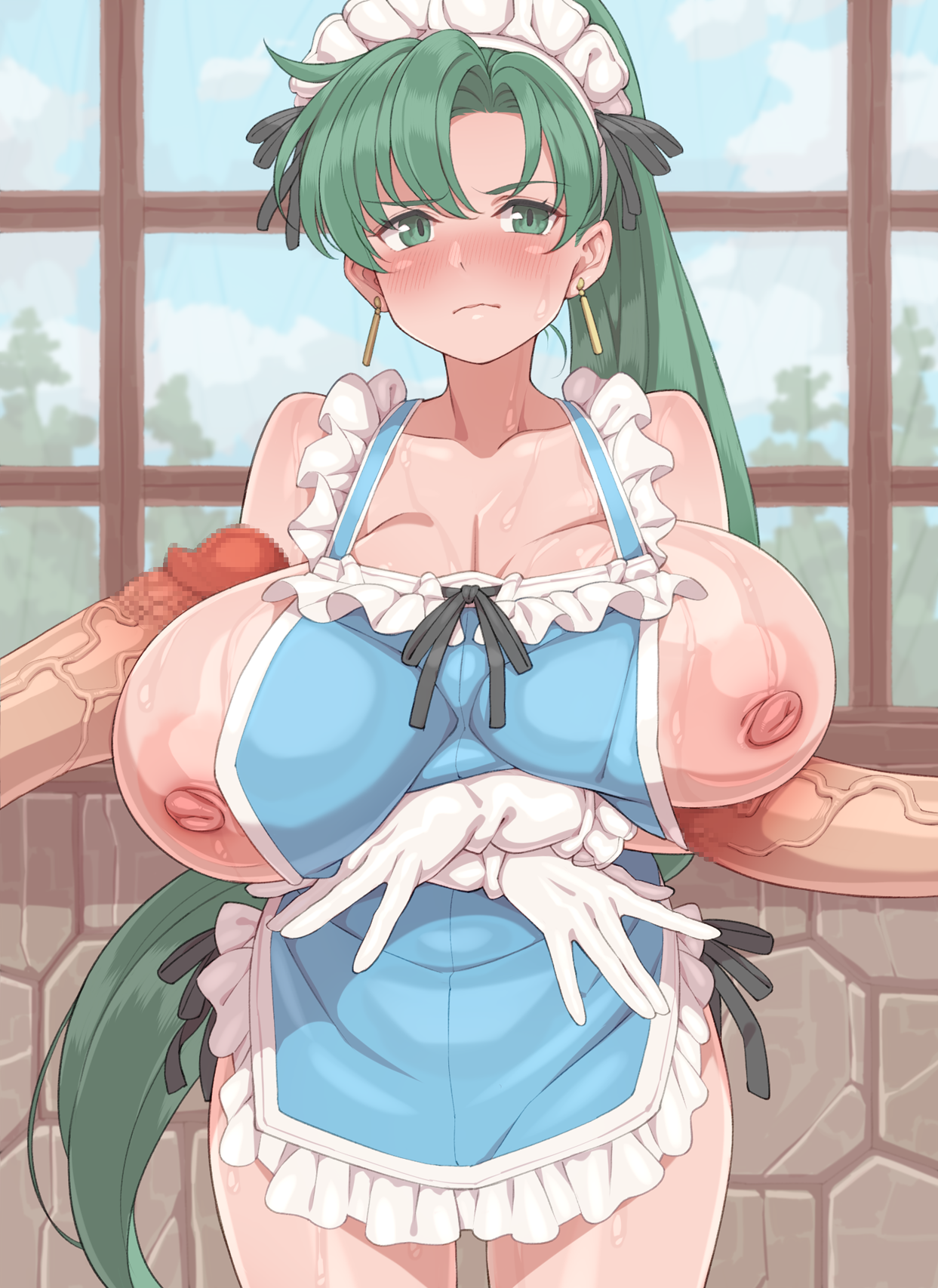 1girls, 2boys, alternate breast size, apron, bare thighs, big breasts, blush, breasts, breasts out, female, female focus, fire emblem, fire emblem: the blazing blade, frottage, frown, gloves, green eyes, green hair, huge breasts, indoors, large breasts, large penis, long hair, lyn (fire emblem), male, multiple boys, multiple males, naked apron, nintendo, nipples, penis, ponytail, solo focus, straight, sweat, tenako (mugu77), thighs, very long hair, window
