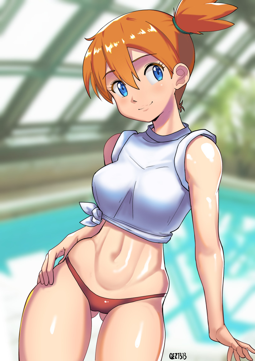 abs asymmetrical_hair bare_shoulders blue_eyes blurry blurry_background blush breasts bushes closed_mouth cowboy_shot creatures_(company) crop_top curvy day female female_focus game_freak gez1313 gssaturday hair_tie kasumi_(pokemon) legs looking_at_viewer medium_breasts misty_(pokemon) misty_(pokemon_lgpe) muscular navel nintendo no_bra orange_hair pokemon pokemon_(anime) pokemon_(classic_anime) pokemon_(game) pokemon_lgpe pokemon_rgby ponytail pool shirt short_hair side_ponytail sleeveless solo standing thighs thong water white_shirt yellow_shirt