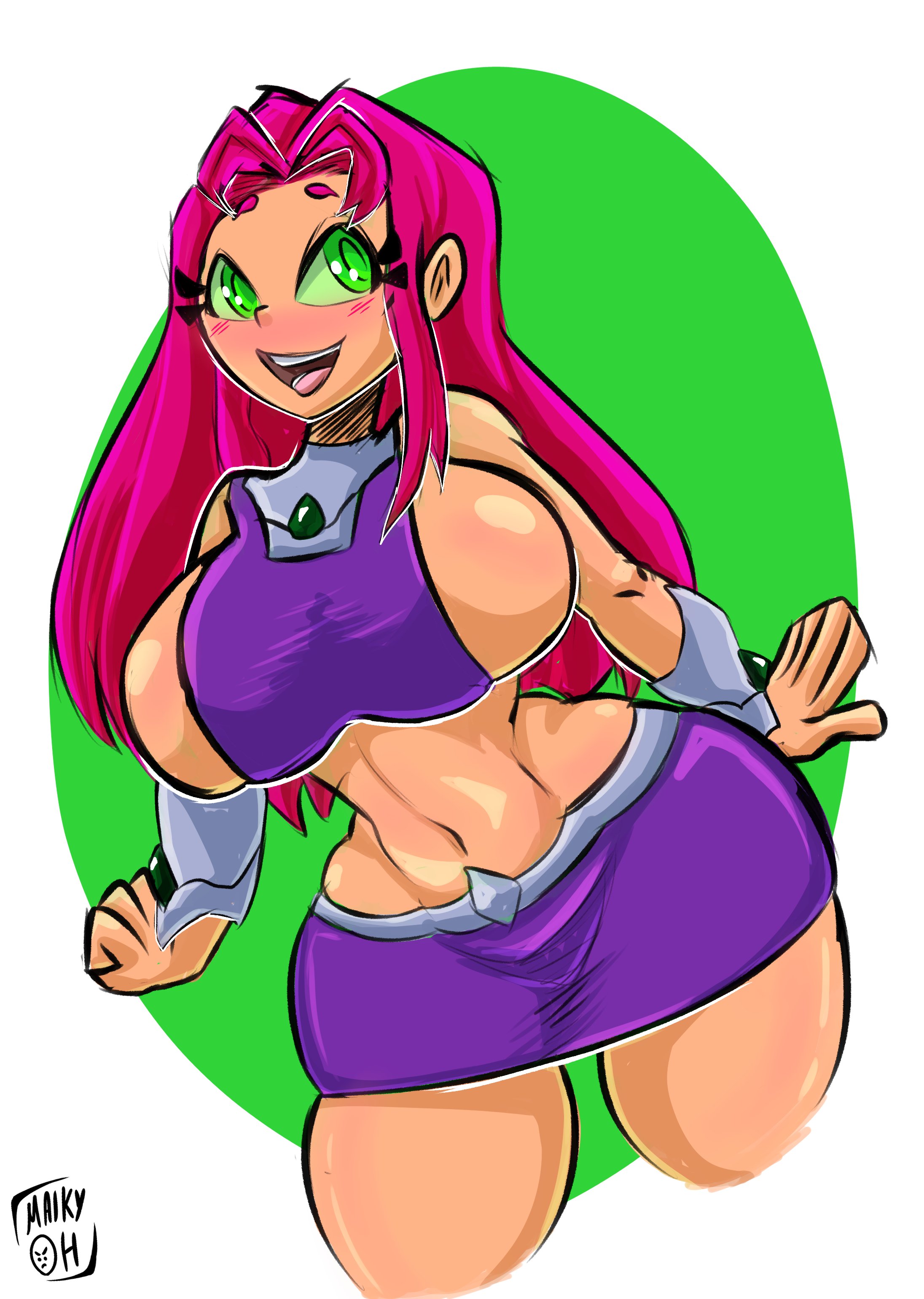 1girls, alien, alien girl, big breasts, blush, bracelet, breasts, cartoon network, curvaceous, curvy, curvy body, curvy figure, dc, dc comics, female, green eyes, happy, huge breasts, long hair, long-haired female, looking at viewer, maikyoh, miniskirt, open mouth, orange skin, red hair, simple background, skirt, smile, smiling, smiling at viewer, starfire, teen titans, thick thighs
