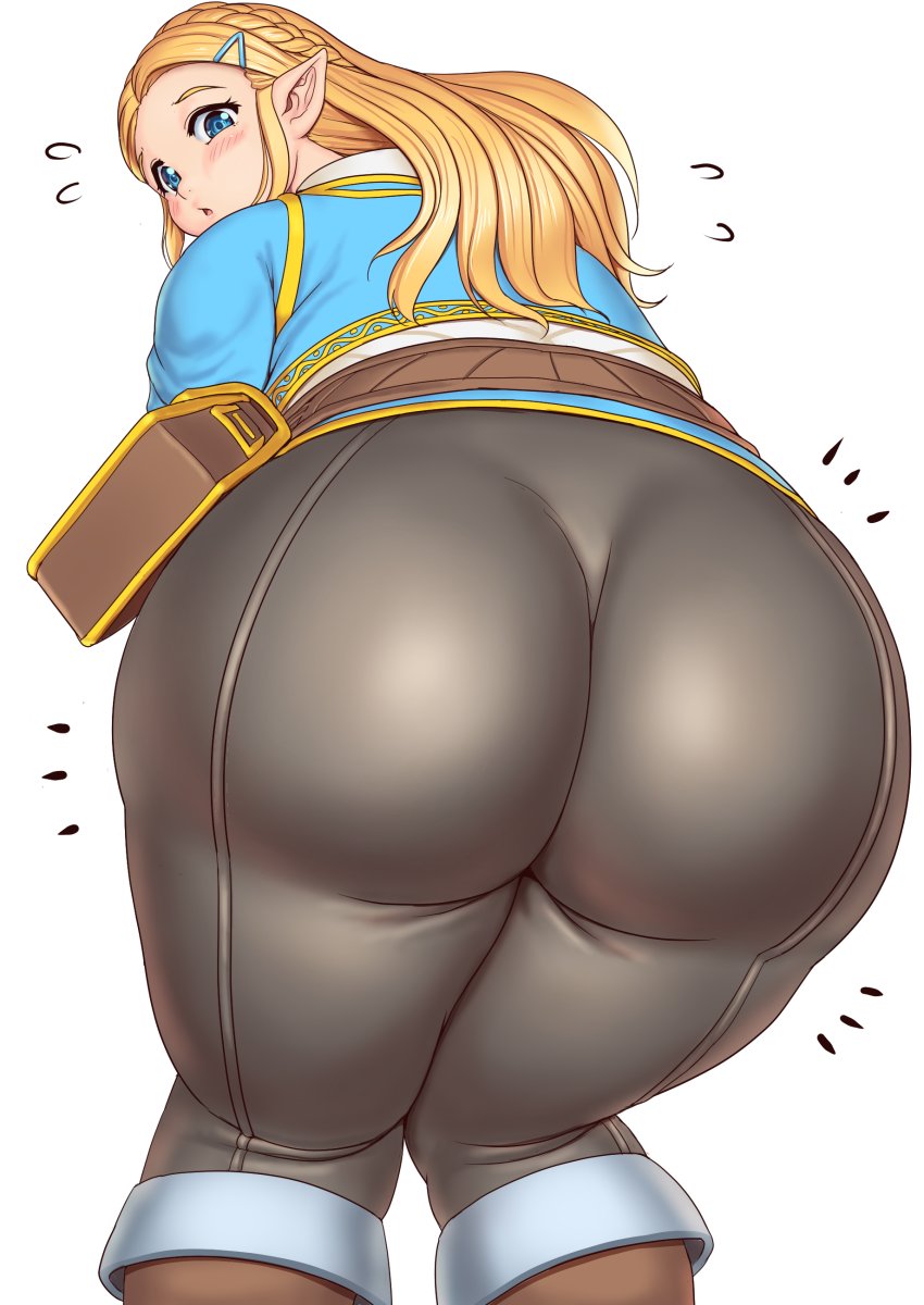 1girls big_butt blonde blonde_hair blue_eyes blush braid breath_of_the_wild brown_footwear butt butt_focus chubby feet_out_of_frame female from_behind grey_pants hair_ornament hairclip knees_together_feet_apart leaning_forward long_hair looking_at_viewer looking_back looking_back_at_viewer notice_lines orizen pants parted_lips pointy_ears princess_zelda sidelocks simple_background slightly_chubby solo tareme teenager the_legend_of_zelda the_legend_of_zelda:_breath_of_the_wild thick_thighs thighs white_background zelda_(breath_of_the_wild)