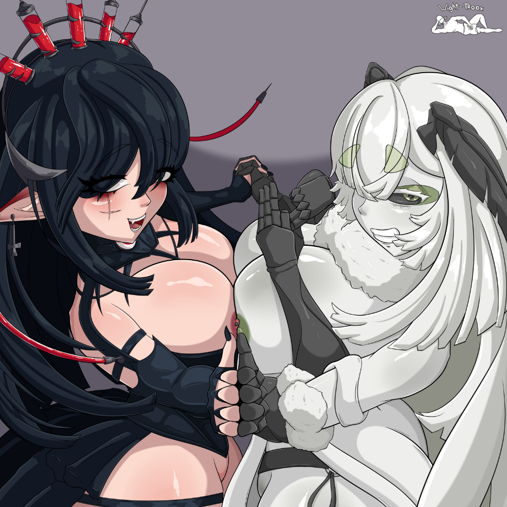 2girls 4_arms antennae_(anatomy) big_breasts black_hair black_sclera blood breasts ear_piercing elf_ears female female_only fur_collar green_eyes green_nipples hand_gesture indie_virtual_youtuber insect_girl insect_humanoid juniper_(egocider) juniper_actias layna_lazar light-skinned_female long_hair multi_arm multi_limb multiple_girls needle nipple_piercing partially_clothed virtual_youtuber vtuber white_hair white_skin wight-troox