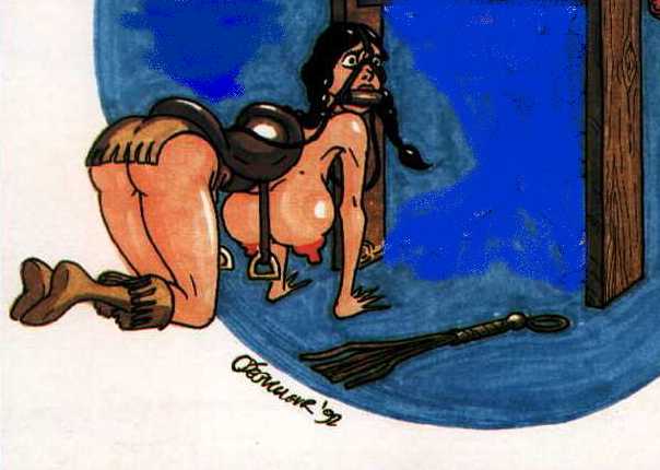 1990s 1992 1girls 20th_century all_fours bit_gag black_hair depuceleur female_only flogger handdrawn hanging_breasts on_all_fours ponygirl ponyplay saddle topless topless_female