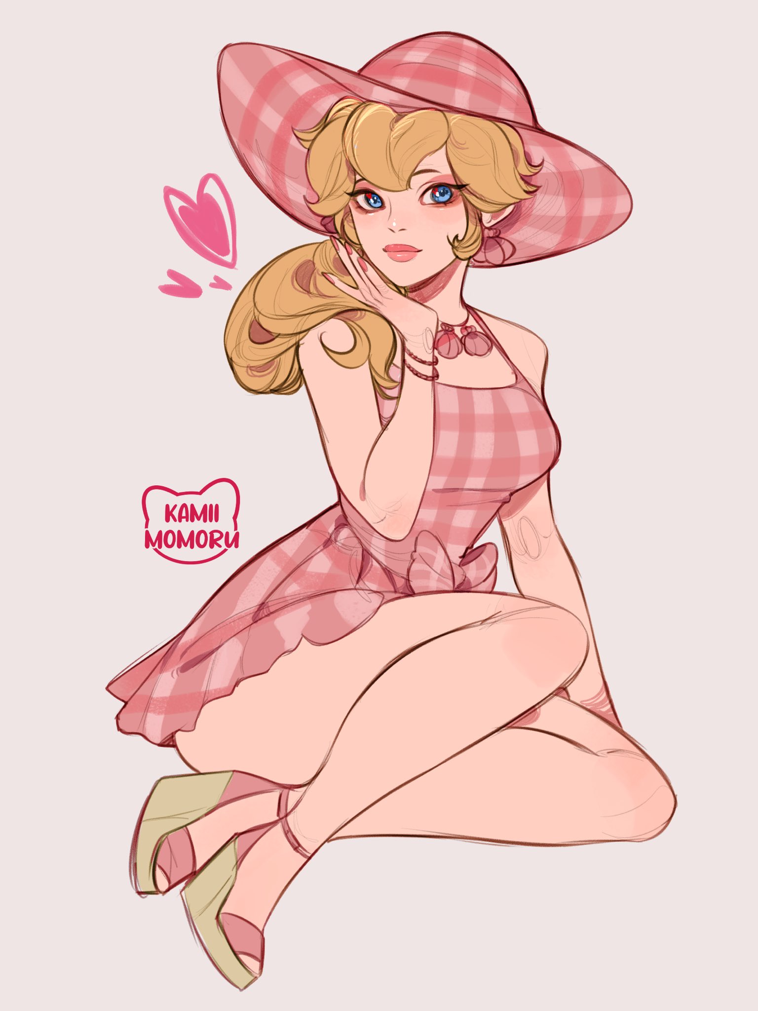 1girls, ass, ass focus, ass visible through thighs, big lips, blonde hair, blue eyes, collar, feet, female, female only, feminine, heart, heels, kamii momoru, light skin, light-skinned female, long hair, mario (series), nail polish, nintendo, pink dress, pink hat, pink nail polish, pink nails, ponytail, princess peach, sun hat, thick thighs, wedge heels