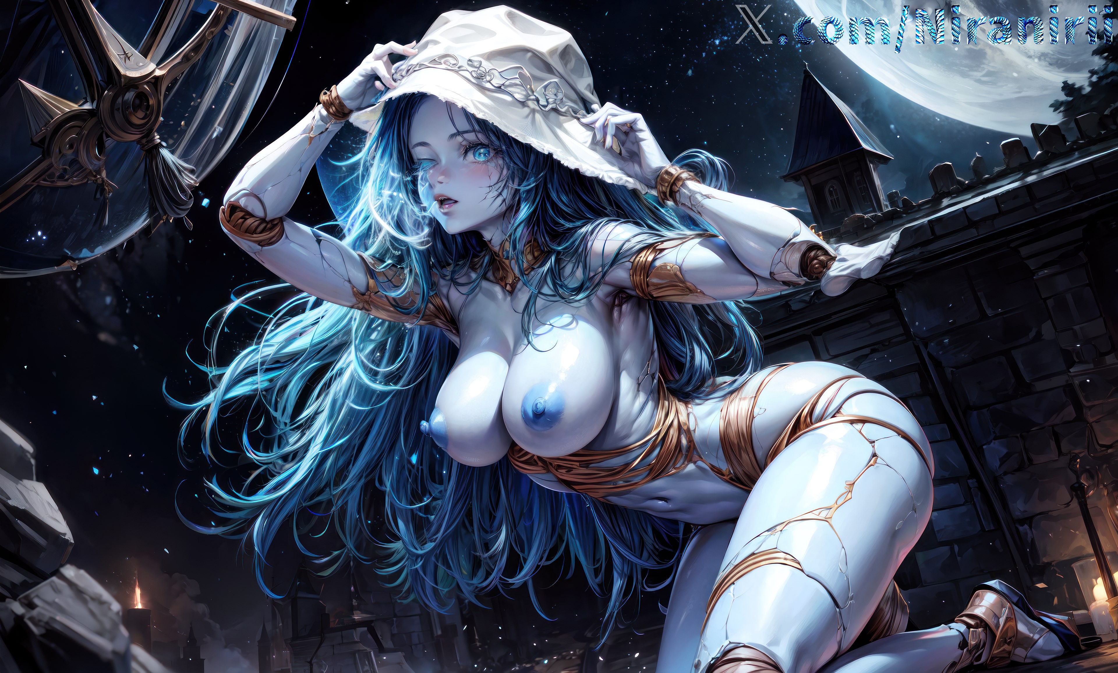 absurdres, ai generated, blue eyes, blue hair, blue skin, blush, breasts, colored nipples, colored skin, cracked skin, doll joints, elden ring, female, fromsoftware, hat, highres, joints, lips, long hair, looking at viewer, moon, navel, nipples, niraniri, nude, one eye closed, parted lips, ranni the witch, solo, thighs, watermark