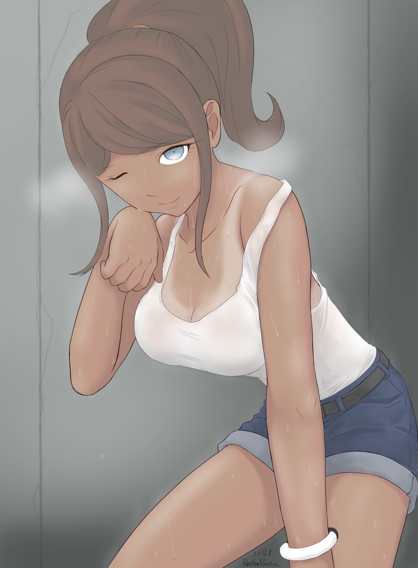 1girls, artist request, asahina aoi, clothed, danganronpa, danganronpa 3, dark skin, dark-skinned female, female, female only, ponytail, sole female, steam, steaming, steaming body, steamy, steamy breath, tagme, winking at viewer