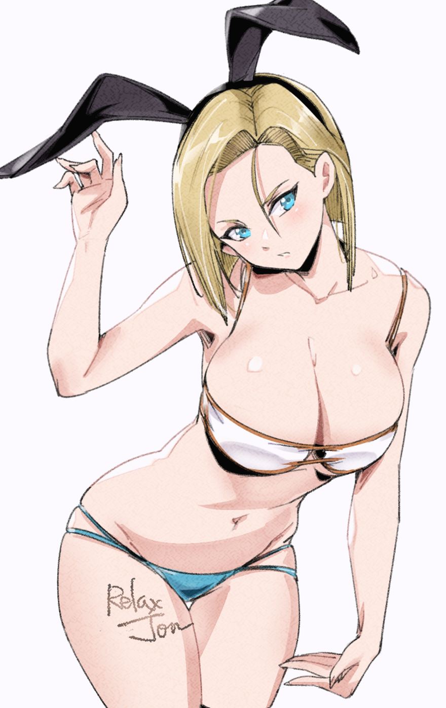 android, android 18, big breasts, bikini, bikini bottom, bikini top, blonde hair, blue eyes, breasts, breasts bigger than head, bunny ears, clothed, clothed female, clothes, curvy, curvy female, curvy figure, dragon ball, female, milf, relaxjon, short hair, simple background, thick, thick legs, tight clothing, white skin