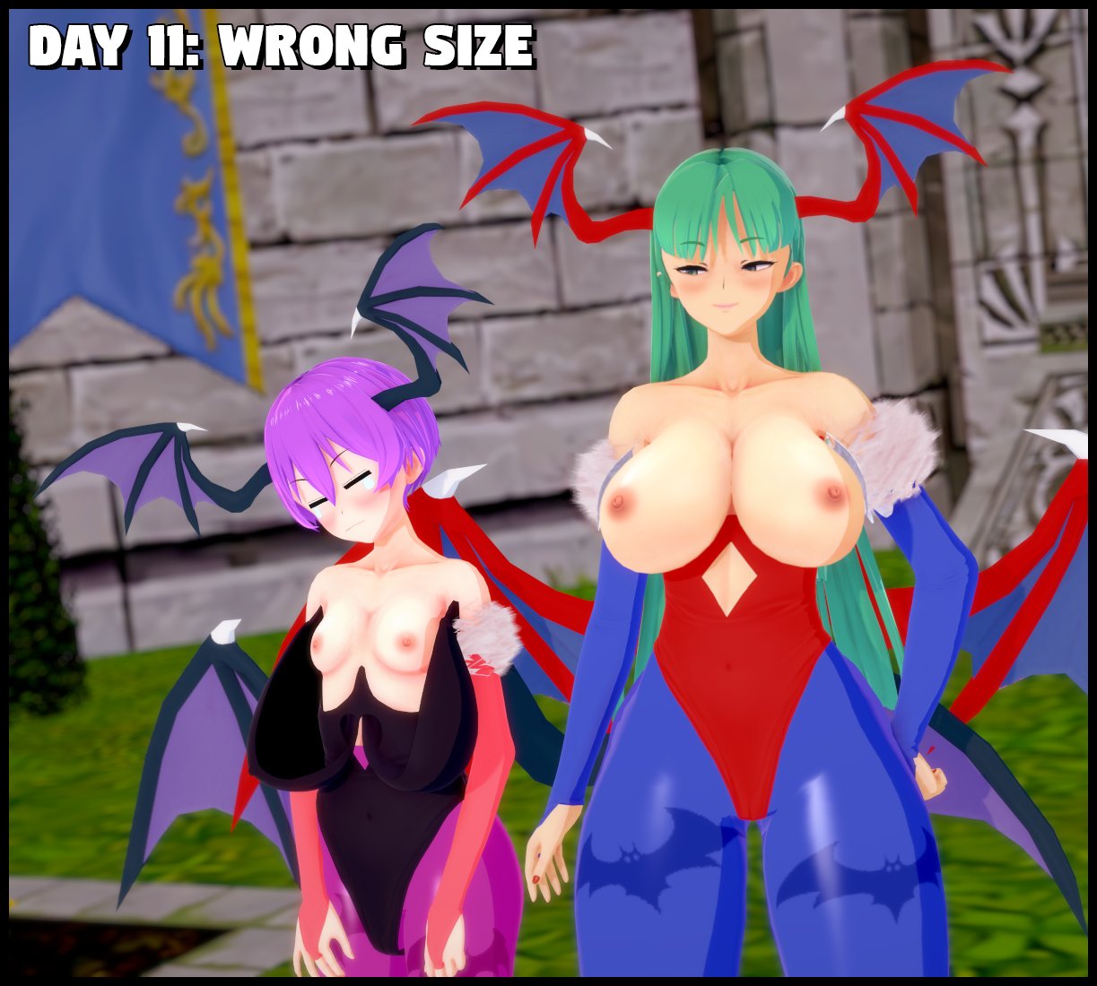 2demons 2girls 3d amanwithnoplan clothing darkstalkers demon demon_girl demon_girls demon_wings demons embarrassed_nude_female enf flat_chest head_wings large_breasts lilith_aensland morrigan_aensland senftember senftember_(2023) siblings sisters succubi succubus succubus_costume succubus_wings