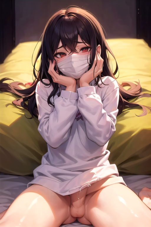 ai_generated bottomless brown_hair erection erection_under_clothes erection_under_clothing facemask futanari hands_on_face light-skinned_futanari long_sleeves penis_under_clothes promptchan red_eyes sitting small_breasts solo_futa white_shirt