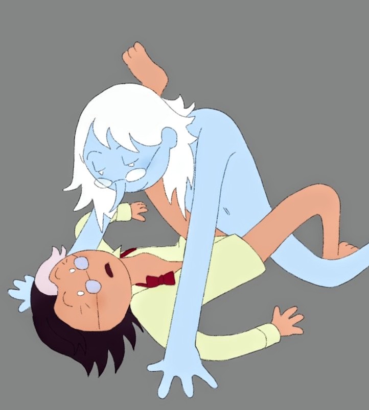 adventure_time adventure_time:_fionna_&_cake blue_skin blush dark_hair fionna_and_cake gay glasses grey_background leg_up male_only naked partially_clothed ped0dedus pointy_nose selfcest simon_petrikov skinny smile toony white_hair winter_king yaoi