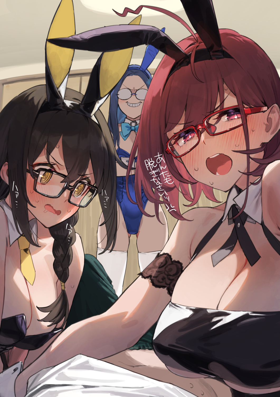 1boy 3girls 92m @_@ ahoge animal_ears arm_garter ascot black-framed_eyewear black_hair black_ribbon blue_bow blue_bowtie blue_leotard blush bow bowtie braid braided_ponytail breasts cleavage commentary_request dateko detached_collar fake_animal_ears glasses highres japanese_text kakita_(92m) kinshi_no_ane large_breasts leotard long_hair looking_at_another looking_at_viewer multiple_girls neck_ribbon open_mouth original otouto_(92m) playboy_bunny pov rabbit_ears red-framed_eyewear red_eyes red_hair ribbon short_hair text thighhighs translated wavy_mouth white_thighhighs yellow_ascot yellow_eyes