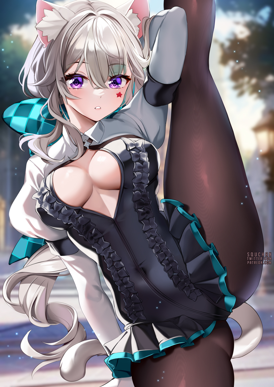 1girls, breasts, cat ears, cat girl, catgirl, cleavage, female, flexible, genshin impact, grey hair, highleg leotard, huge breasts, large breasts, leotard, light skin, light-skinned female, lynette (genshin impact), purple eyes, squchan, stretching