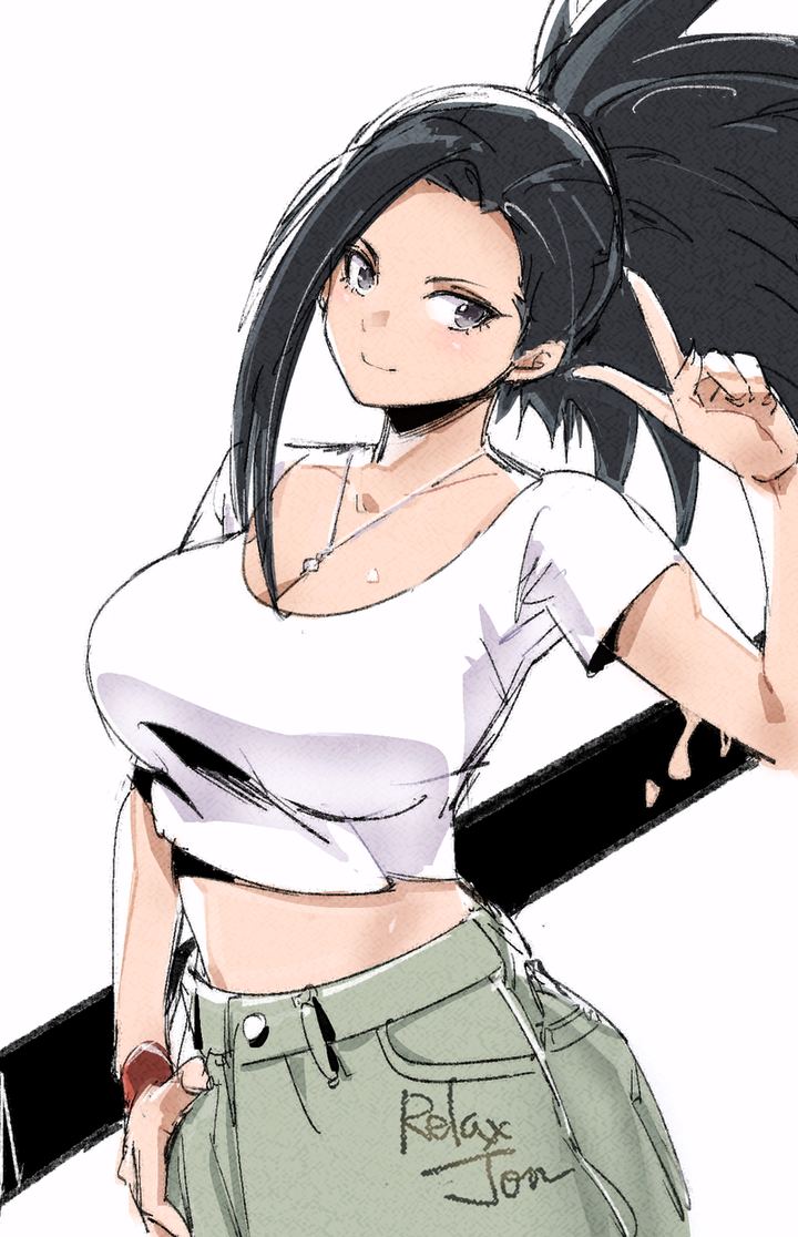 1girls, black hair, black-haired female, cleavage, female, fully clothed, momo yaoyorozu, my hero academia, relaxjon